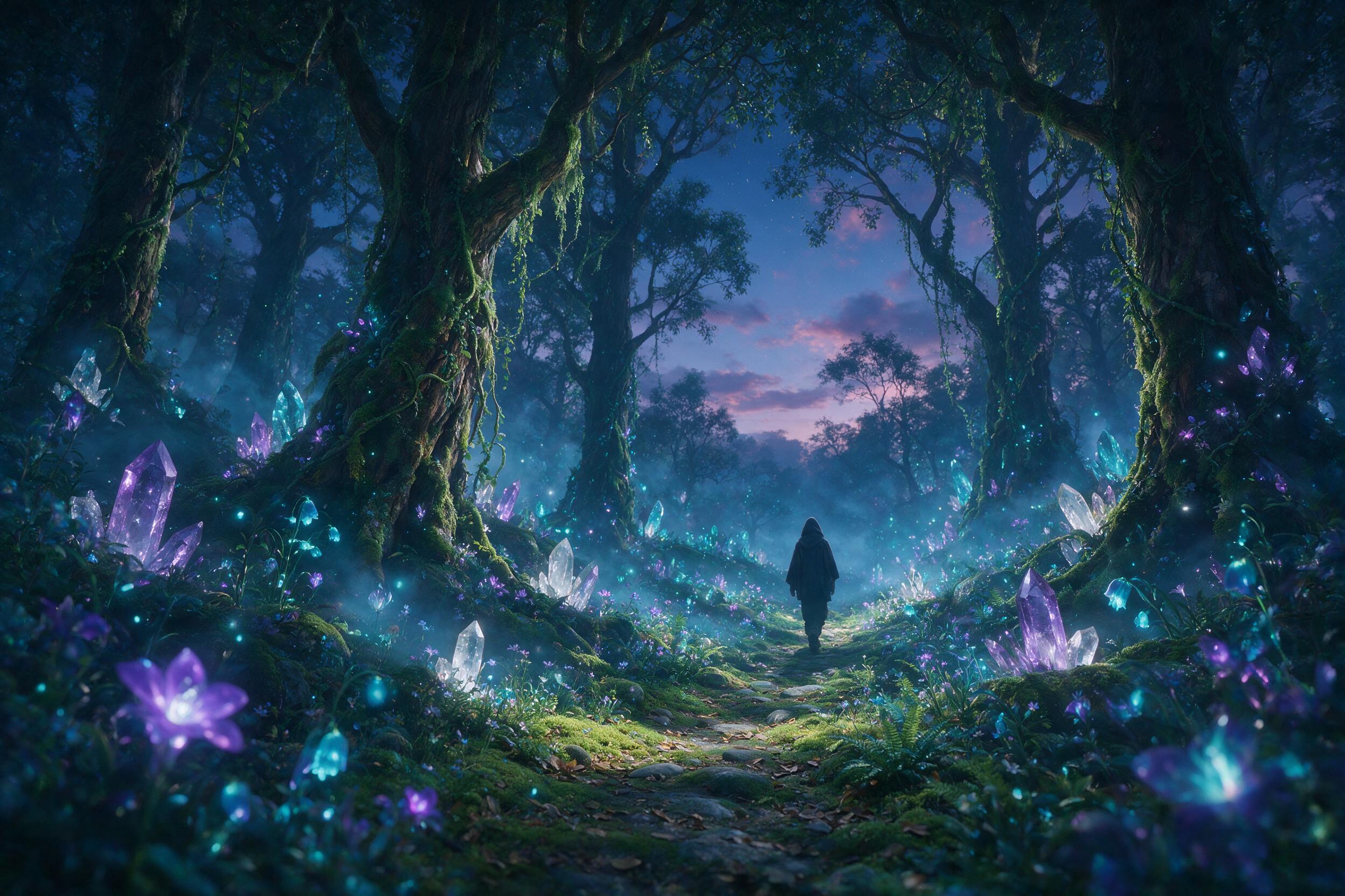 A glowing crystal forest under a twilight sky, where bioluminescent flowers bloom in violet and teal, ethereal mist weaves between ancient trees, a lone hooded figure walks a mossy path, soft blue light from above, dreamy atmosphere, shallow depth of field