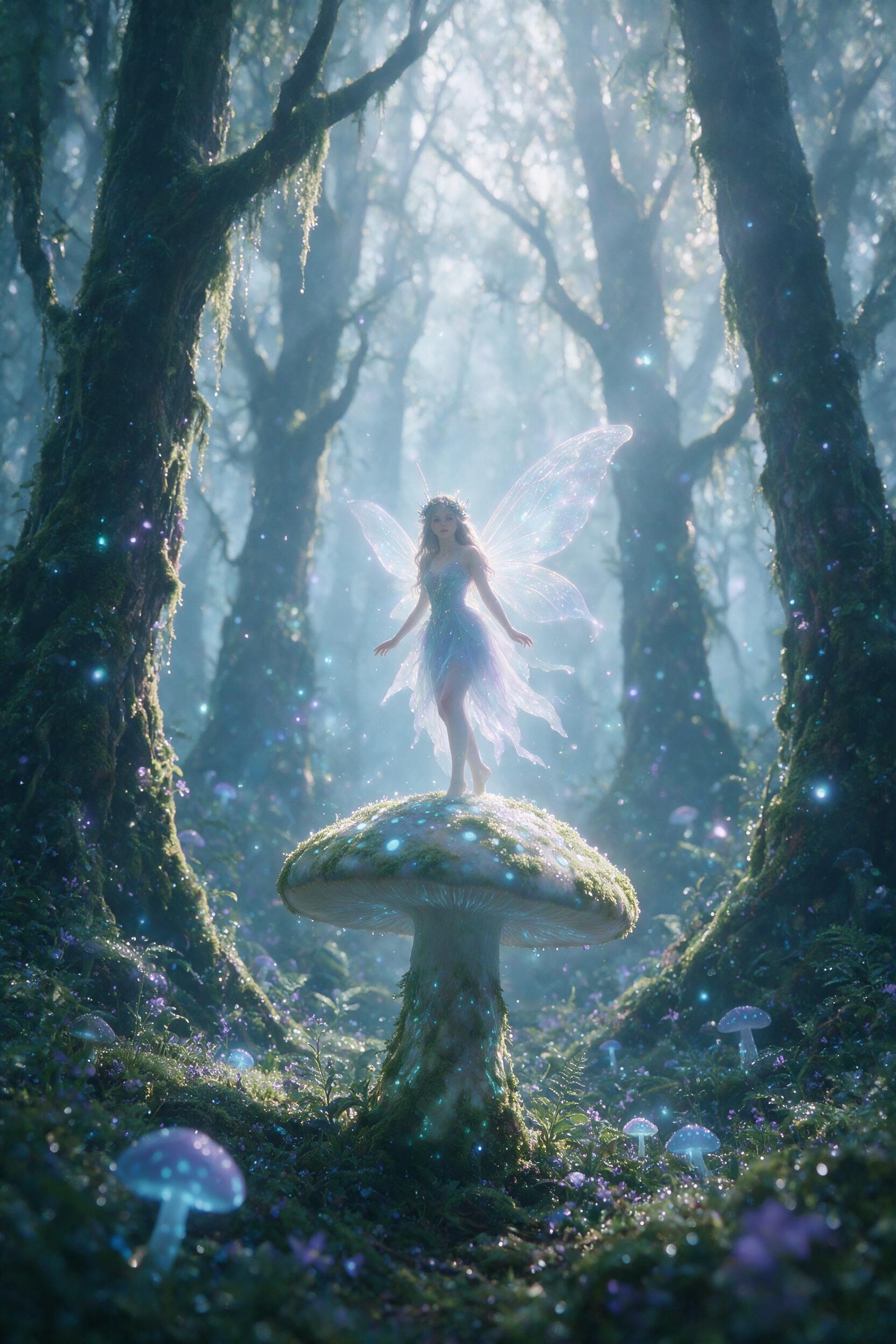 Ethereal fairy queen standing on a glowing mushroom in a misty forest, soft bioluminescent lights drifting around, pale blue and purple color palette, morning dew, shallow depth of field, slight camera shake, ethereal glow filtering through ancient trees, natural lighting