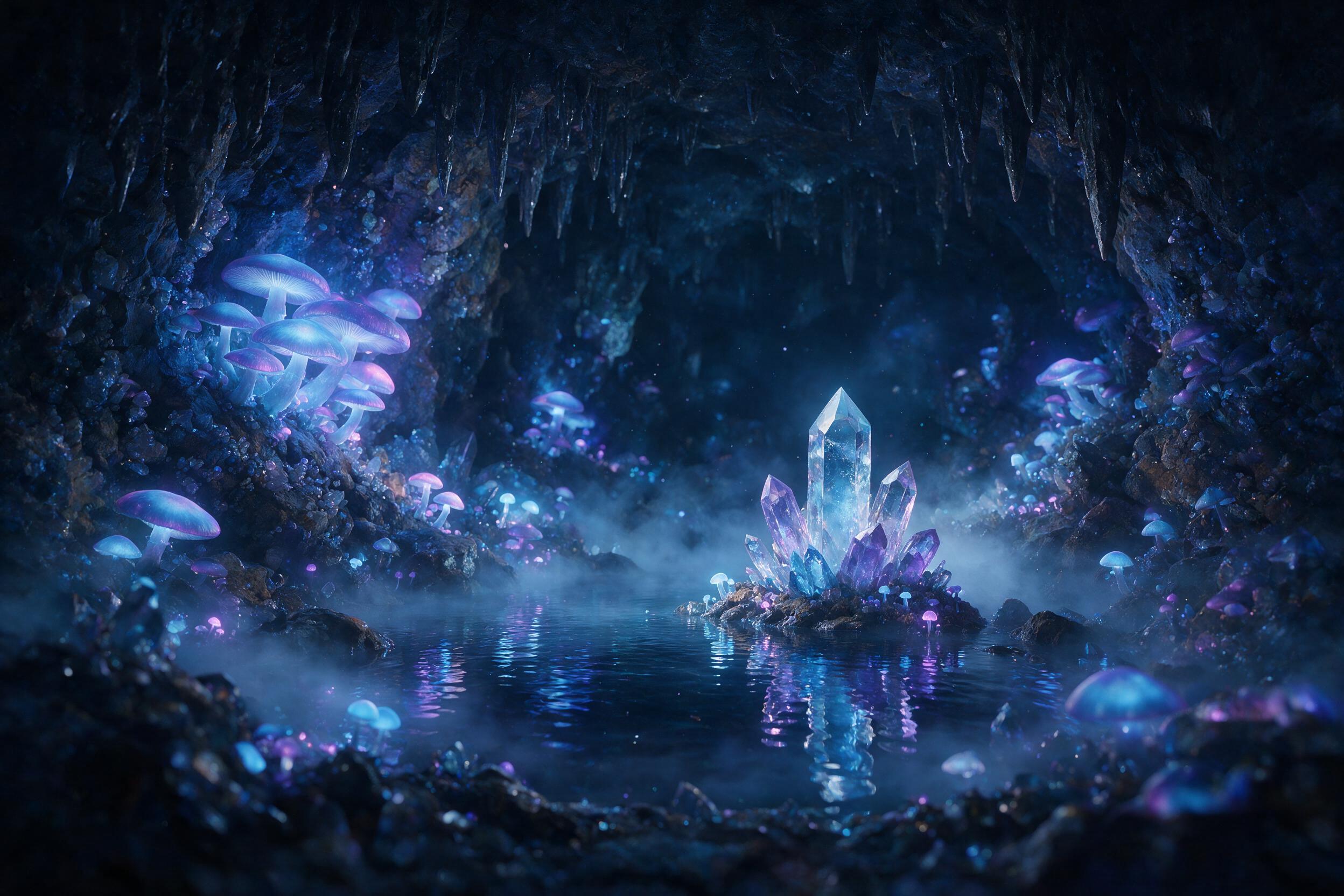 A luminous crystal cave deep underground, bioluminescent mushrooms casting soft blue and violet light onto jagged mineral formations, a small reflective pool in the center, mist swirling, ethereal atmosphere, slight dust motes floating in the air
