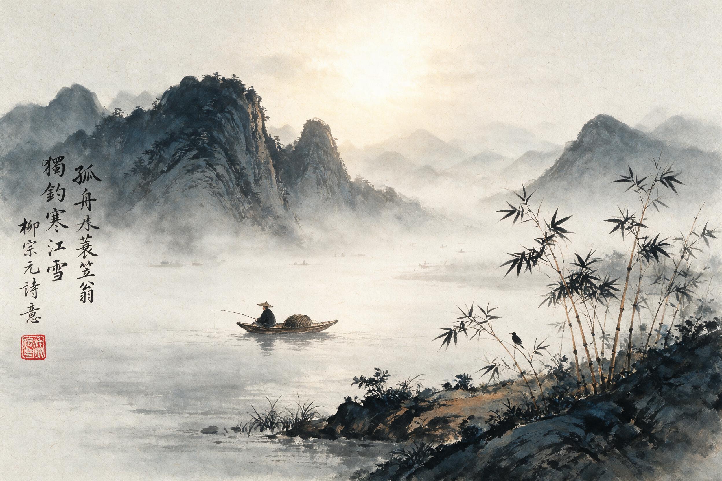 A traditional Chinese ink wash painting of a lone fisherman in a small wooden boat on a misty river, surrounded by layered mountains fading into pale grey fog, sparse bamboo on the bank, brushstroke texture on coarse rice paper, weak morning sunlight penetrating thin mist, subtle indigo and ochre ac
