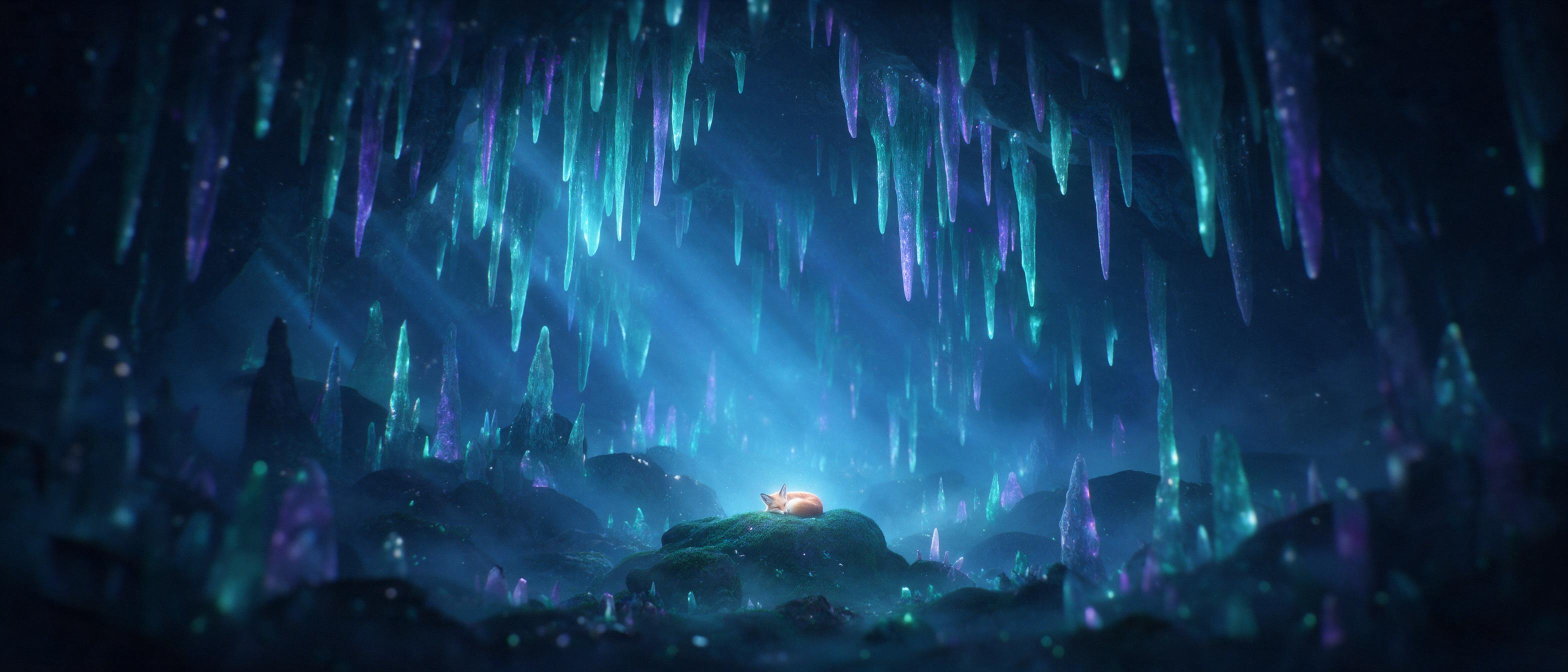 A moonlit crystal cavern, glowing stalactites in teal and violet, a small luminous fox curled on a mossy rock, misty air, soft blue light rays, wide-angle shot, sharp focus with gentle blur at edges.