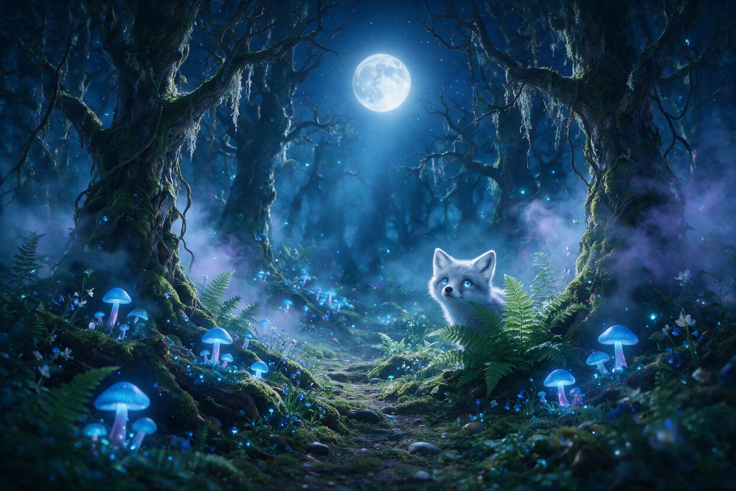 A moonlit enchanted forest, ancient twisted trees with glowing blue mushrooms along a mossy path, a small fox with silver fur and luminescent eyes peers from behind a fern, soft mist curling between trunks, fireflies drifting, cool blue and violet palette, shallow depth of field, ethereal atmosphere
