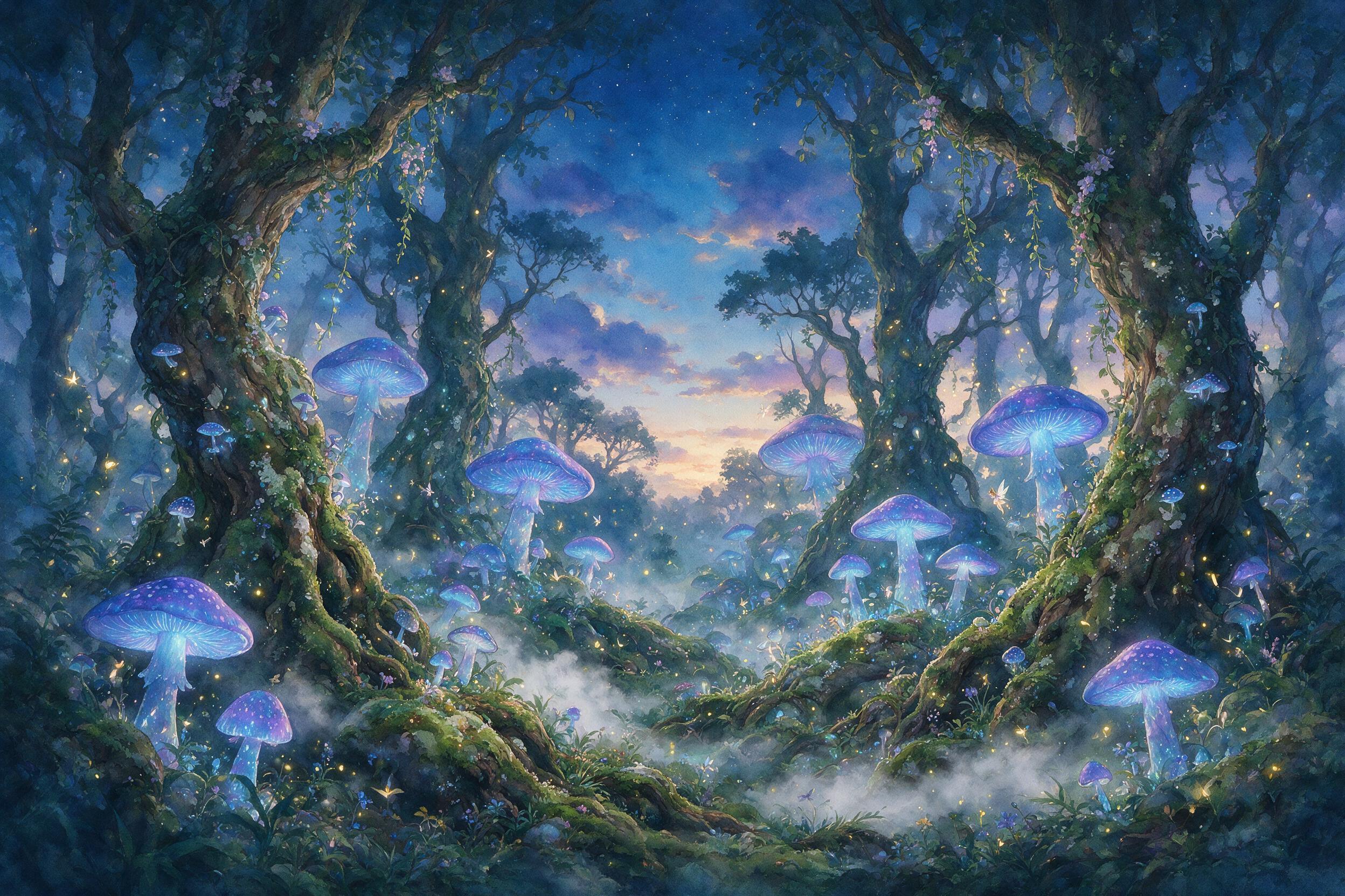 An ethereal forest at twilight, giant glowing mushrooms with bioluminescent blue and purple light, tiny fairy-like creatures flitting between twisted ancient trees, soft mist swirling around gnarled roots, golden fireflies sparkle in the air, painted with a dreamy watercolor texture and soft diffuse