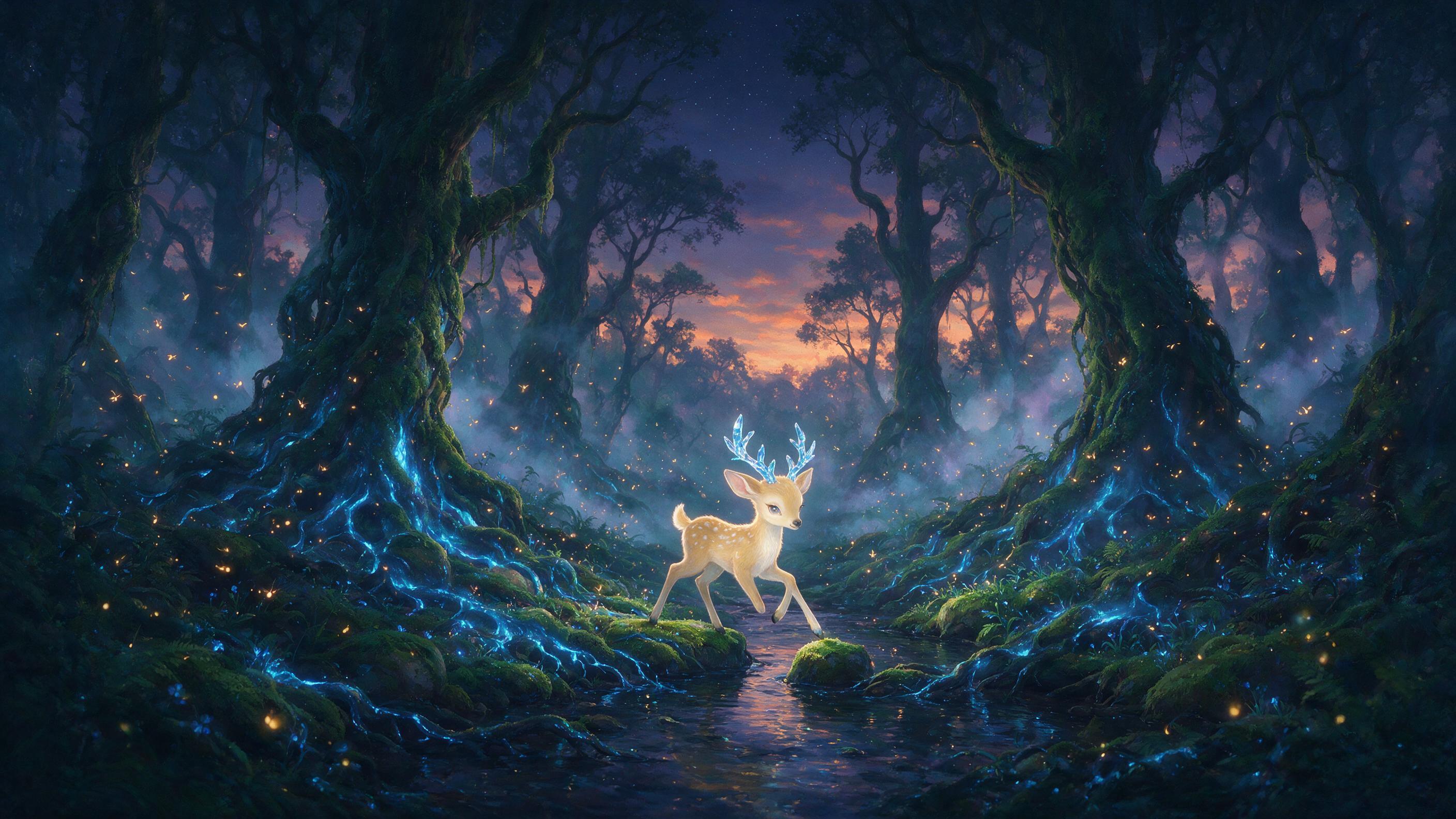 A bioluminescent forest at twilight, ancient trees with glowing blue roots, a small deer with crystalline antlers stepping onto a mossy stone, soft mist weaving between trunks, fireflies in amber light, deep teal and violet palette, painted with a slightly textured brush, cinematic depth of field, n