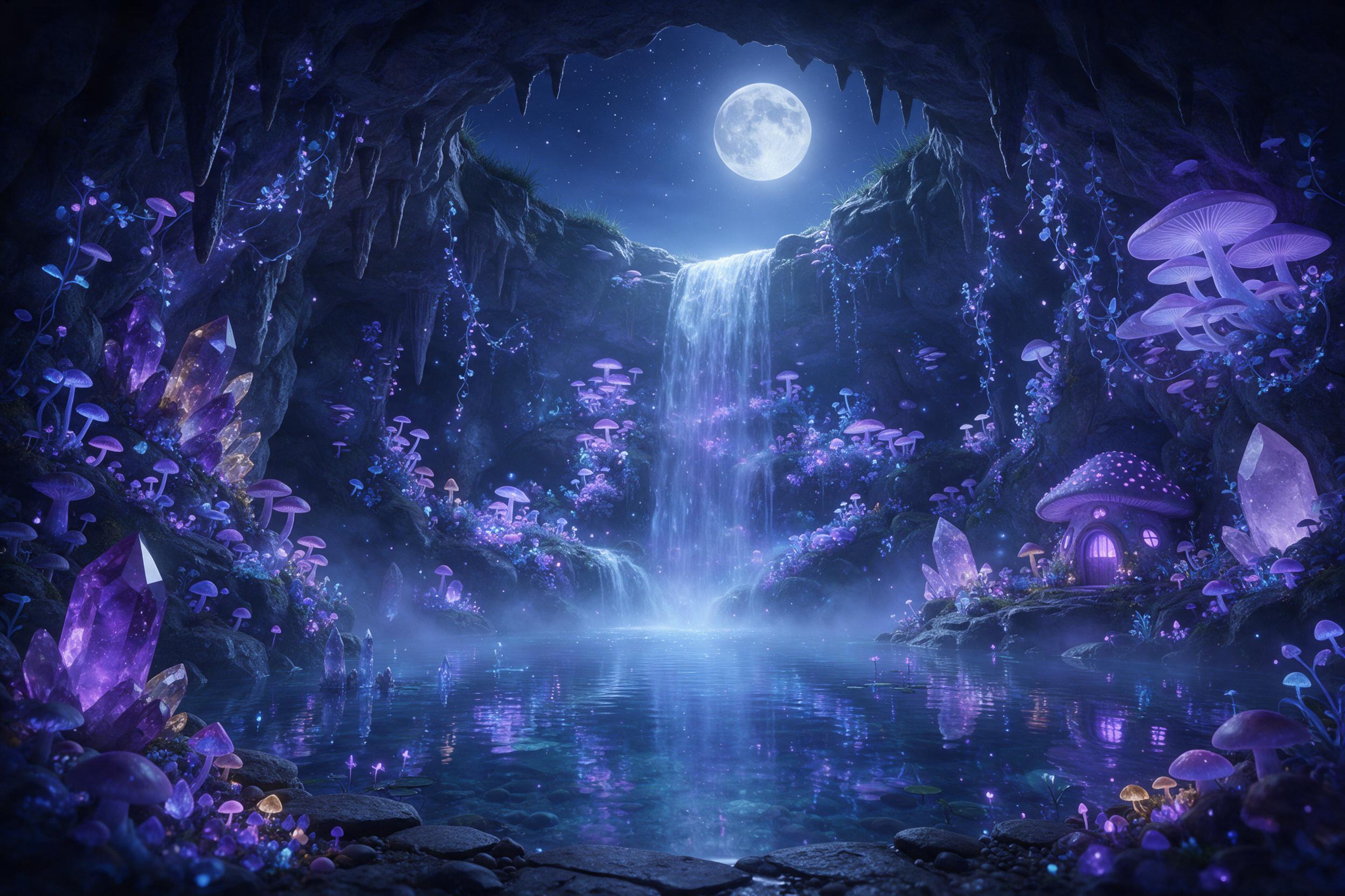 A hidden crystal cavern beneath a moonlit meadow, where bioluminescent mushrooms and glowing vines carpet the walls. A crystal-clear pool reflects the starry sky, and a gentle waterfall cascades. Soft blue and purple light, ethereal atmosphere, with faint mist and floating spores.