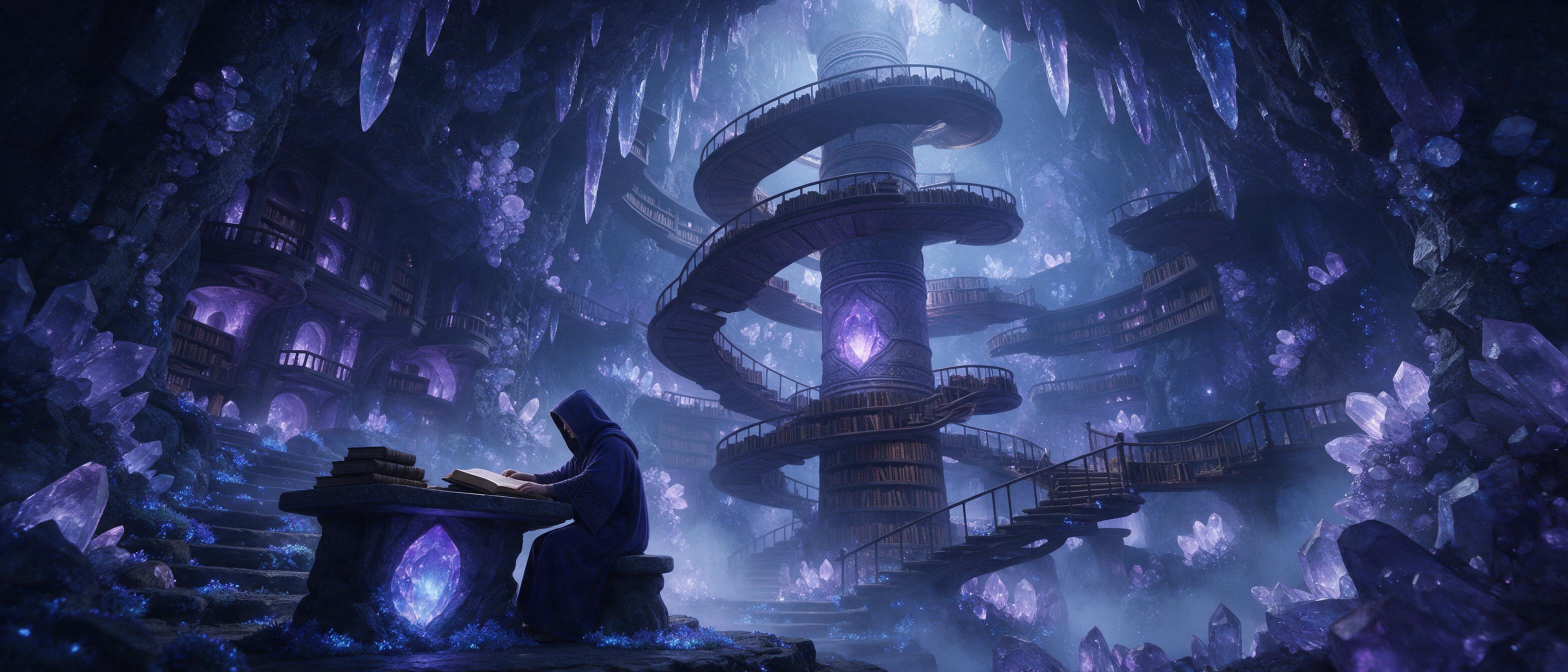 An ancient library hidden inside a glowing crystal cavern, floating bookshelves spiraling upward, bioluminescent moss lighting the path, a lone robed figure reading at a stone desk, soft mist, ethereal blue and violet tones, dramatic chiaroscuro, cinematic wide shot