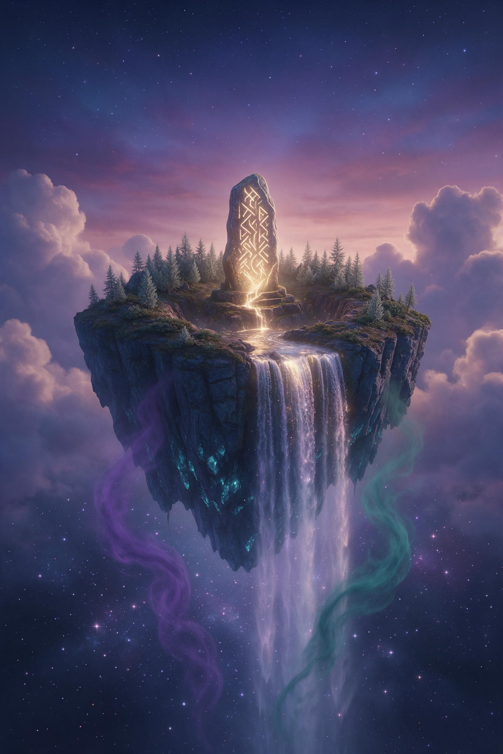 A lonely floating island suspended in a twilight sky, with a giant glowing runestone at its heart, violet and teal mists swirling from its base, a waterfall falling off the edge into an abyss of stars below, soft magical light, wide angle shot, ethereal atmosphere.