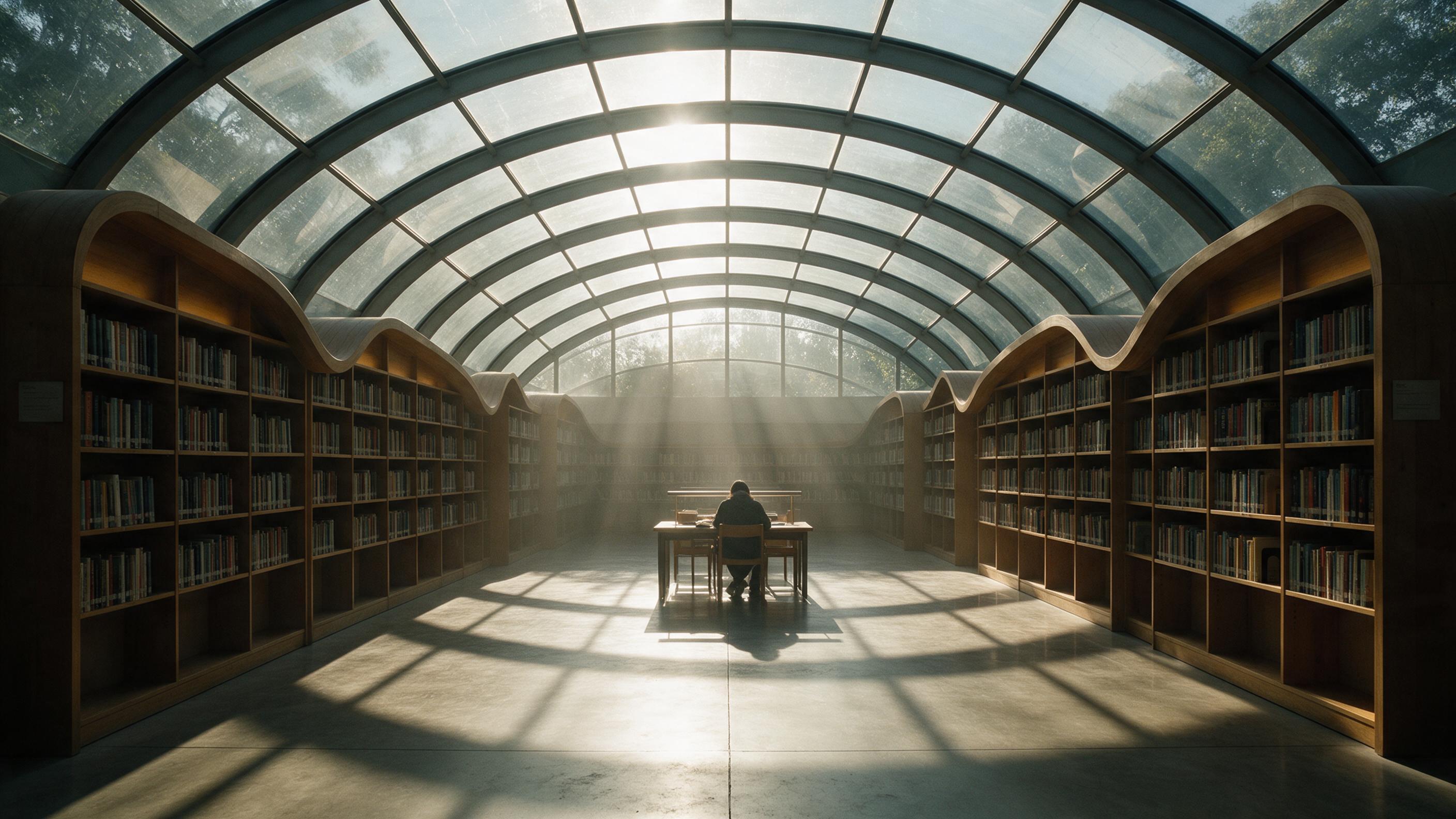 Sunlight filtering through a curved glass canopy over a minimalist library interior, wooden bookshelves mirroring the arches, long shadows across polished concrete floor, a lone reader at a desk, natural light beams with dust motes, wide-angle composition emphasizing symmetry, calm atmosphere