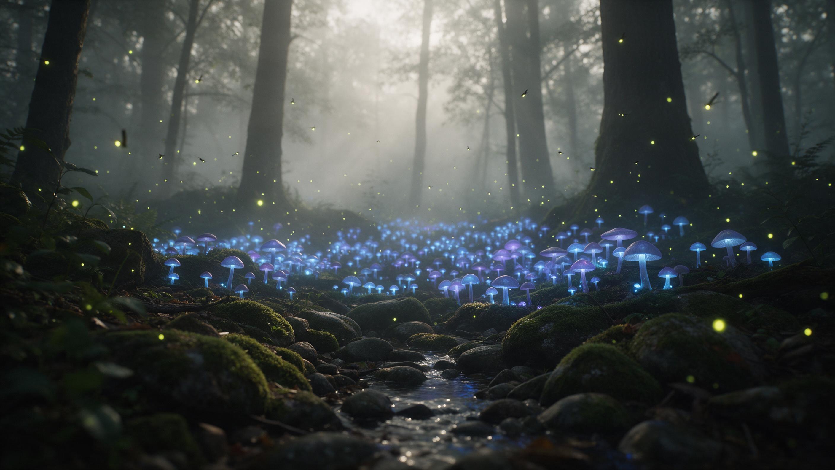 A misty ancient forest where massive bioluminescent mushrooms cast soft blue and violet light, a small stream winding through moss-covered stones, fireflies drifting like tiny lanterns, ethereal morning fog, low-angle view, muted earthy tones contrasted with glowing fungi, gentle light rays piercing