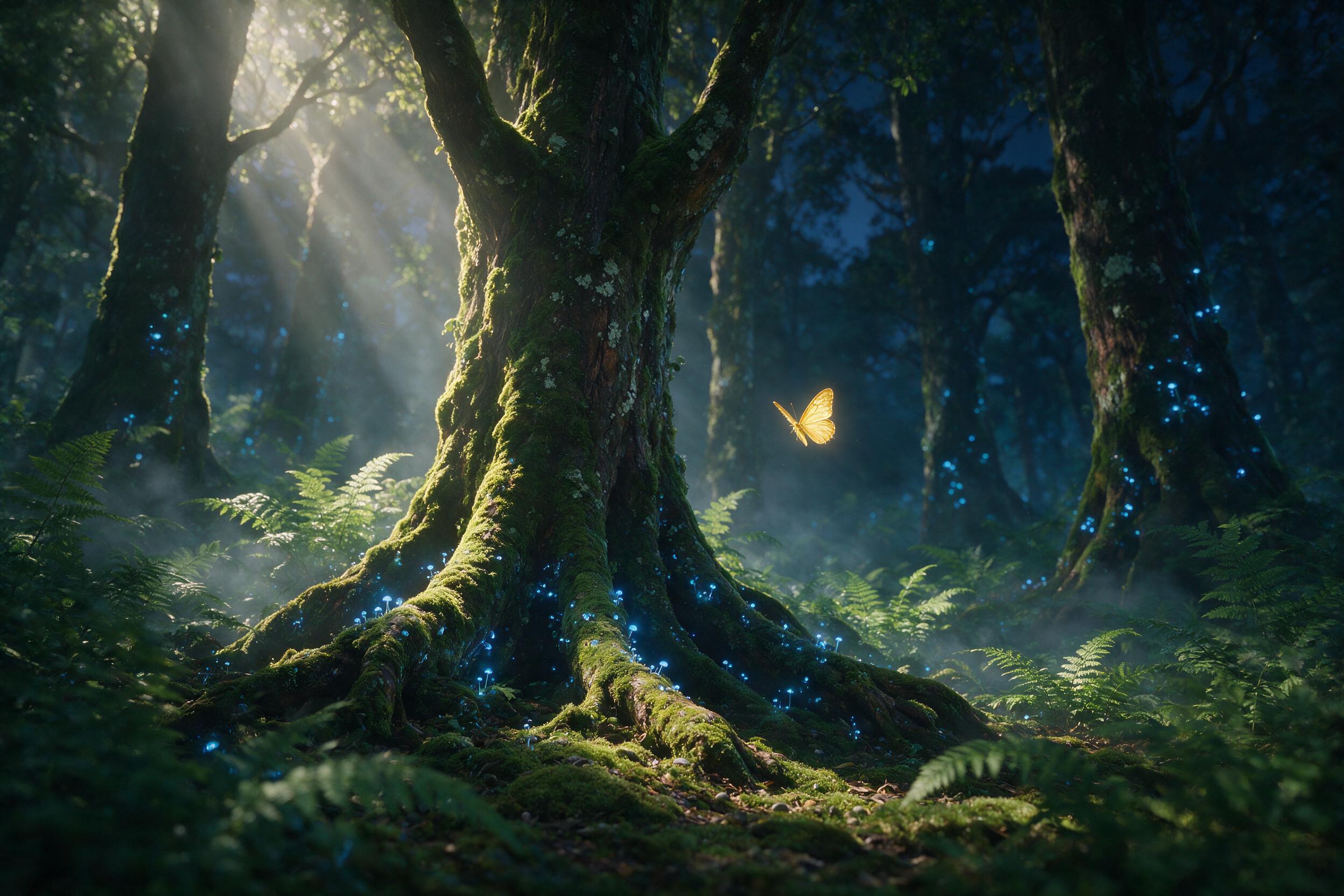 A luminous forest at twilight, towering ancient trees with glowing blue fungi on their roots, soft mist weaving through ferns, a single golden butterfly floating mid-air, ethereal light rays piercing the canopy, shallow depth of field, cinematic composition, natural color palette