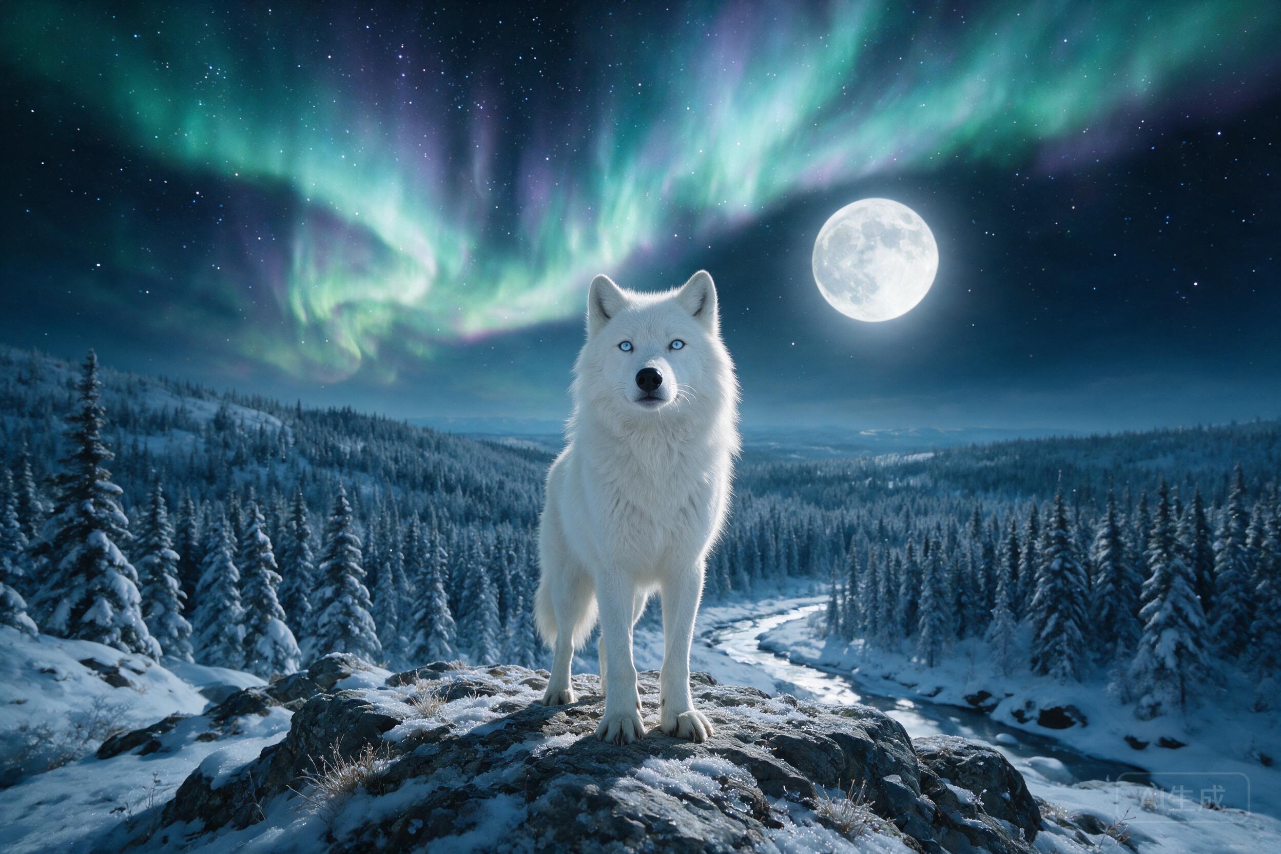 Majestic white wolf standing on a rocky outcrop under a full moon, snow-covered pine forest, aurora borealis in the sky
