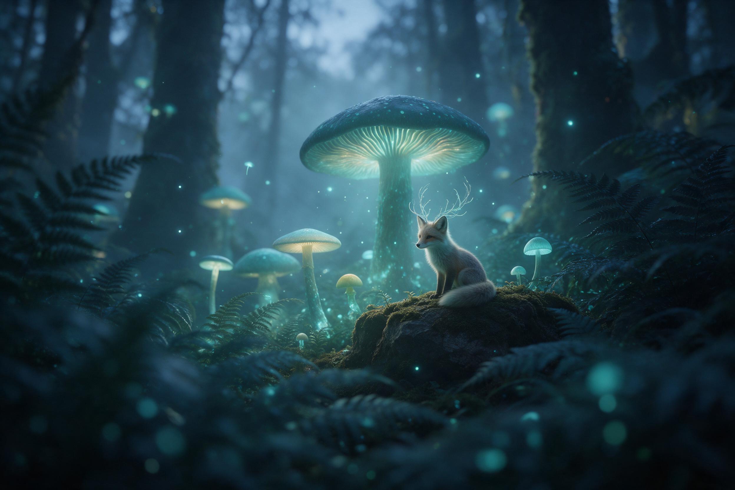 A misty bioluminescent forest at twilight, giant glowing mushrooms and floating spores casting soft teal light, a small fox with ethereal antlers sits on mossy rock, layered ferns in shadow, volumetric light rays through fog, shallow depth of field, dreamy atmosphere