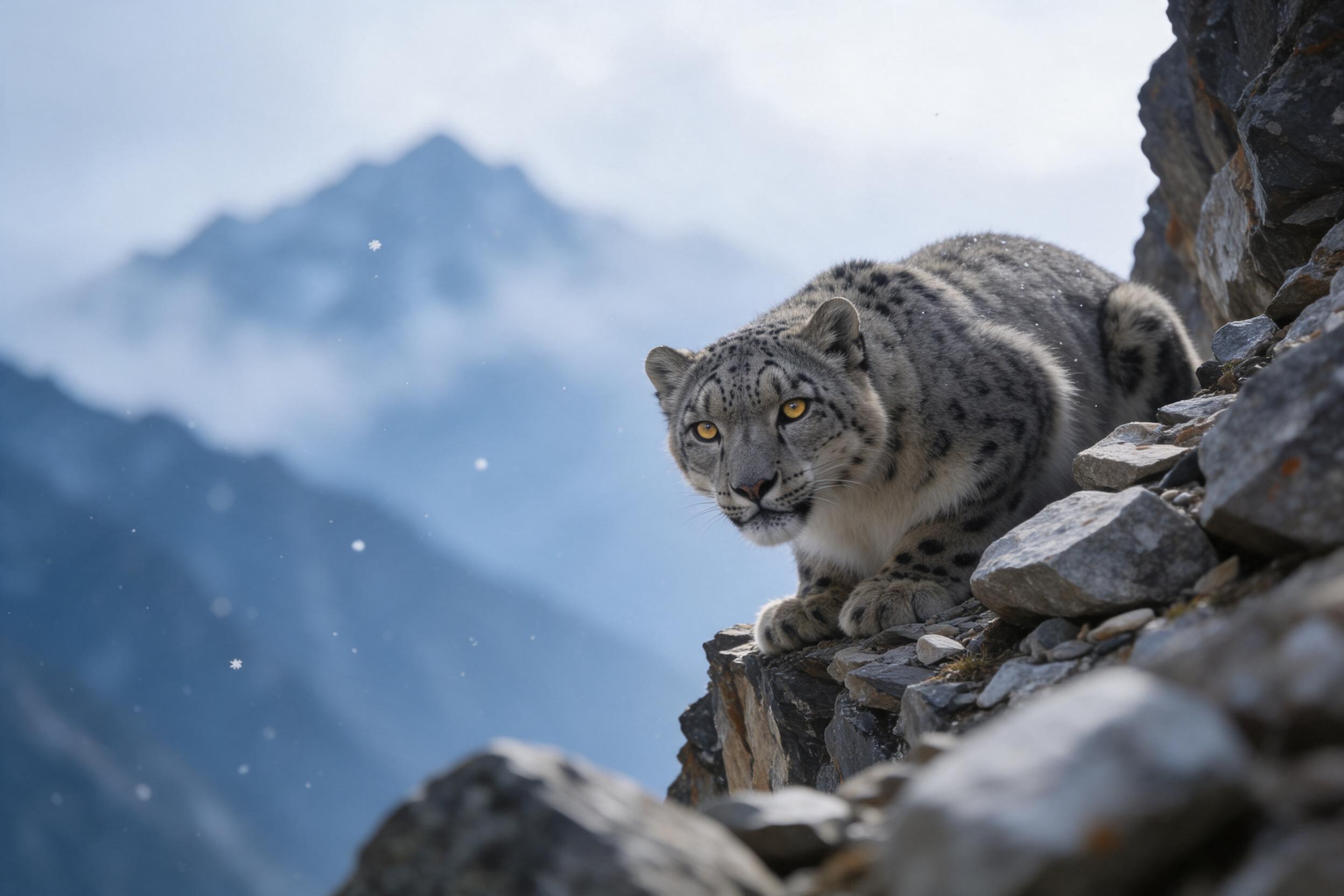 A snow leopard crouches on a narrow cliff ledge in the Himalayas, its thick gray fur blending with scattered rocks, golden eyes focused forward. Low-angle shot from below, soft overcast light, distant blue peaks fading into mist, a few snowflakes drifting, shallow depth of field with blurred boulder