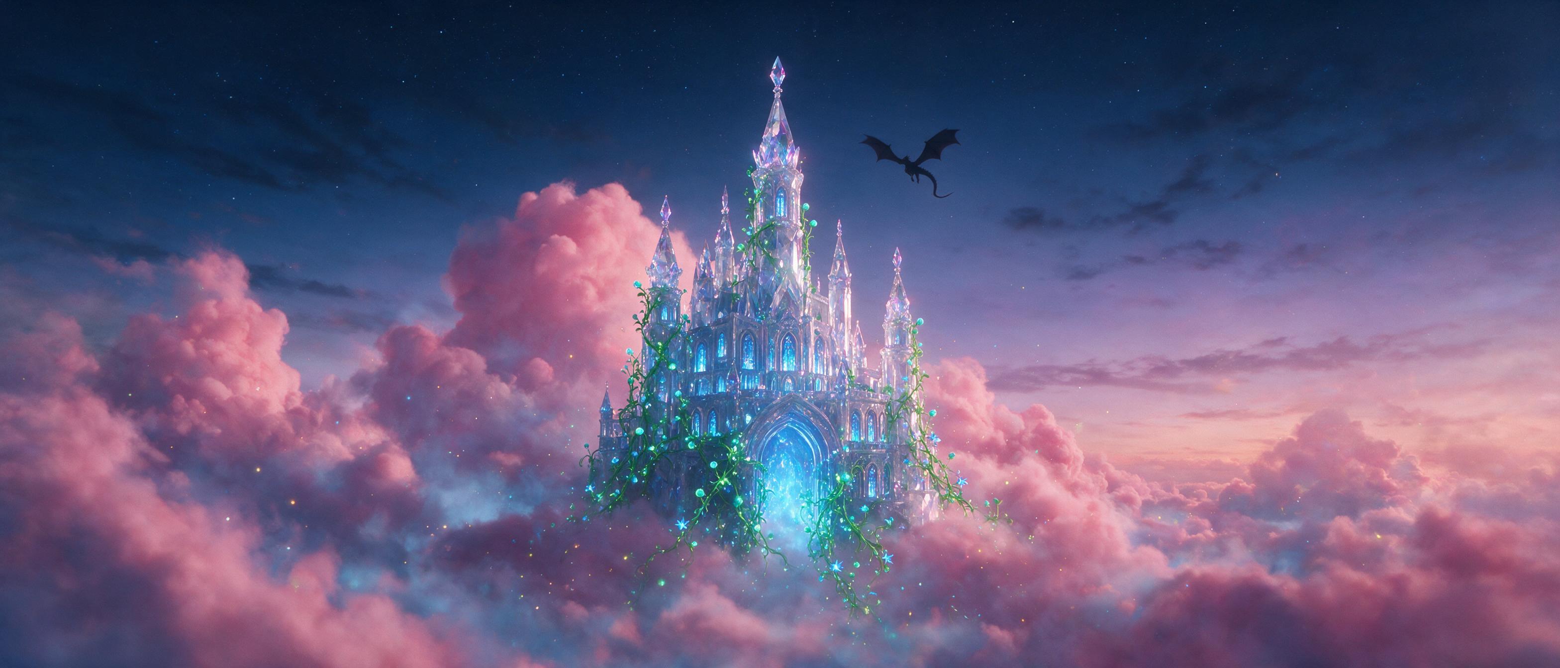 A lone crystal castle floating among misty pink clouds, bioluminescent vines cascading from its towers, glowing blue light spills from arched windows, a dragon silhouette circles above, soft twilight haze, cinematic composition, ethereal atmosphere