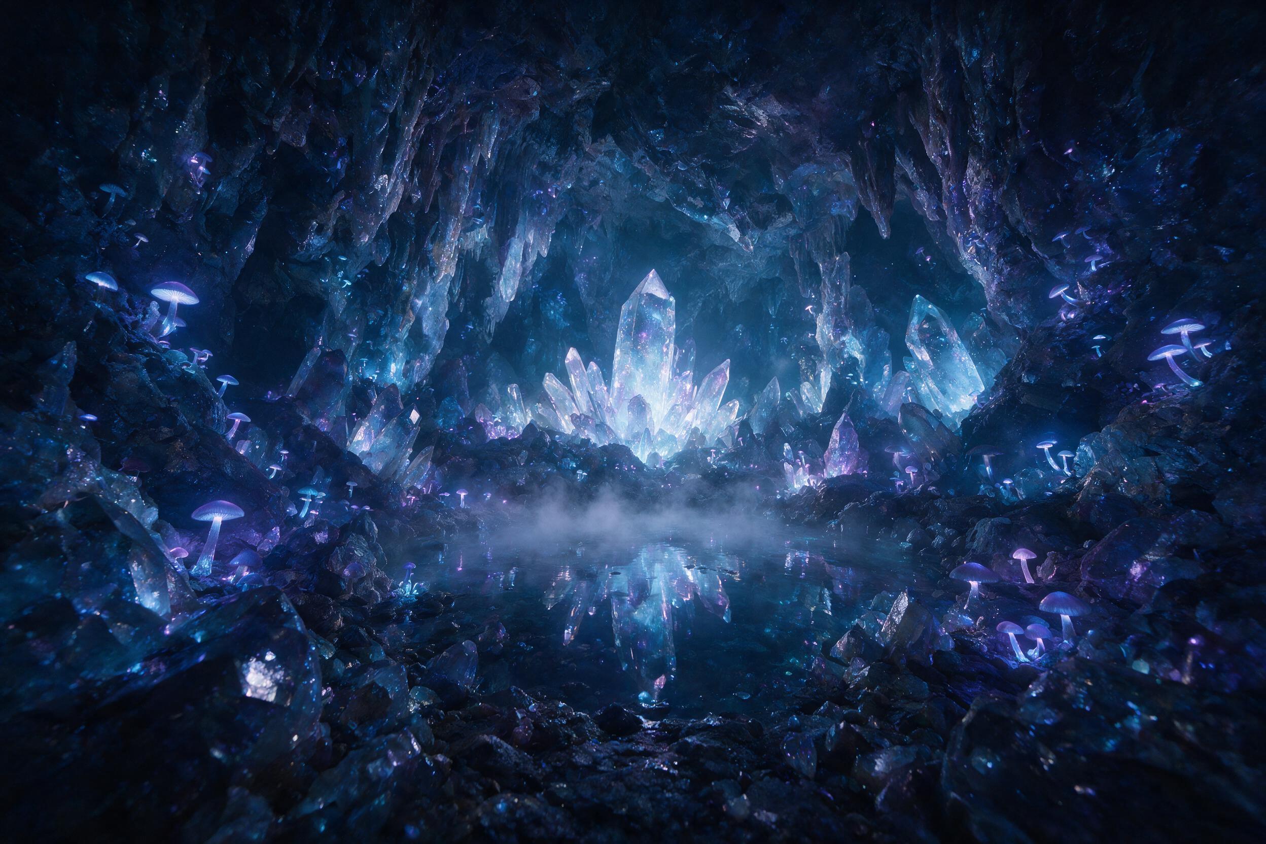 A glowing crystal cave deep underground, bioluminescent mushrooms casting soft blue and purple light on jagged mineral formations, a small pool of reflective water in the center, mist rising, ethereal atmosphere, natural lighting from crystals, slight haze