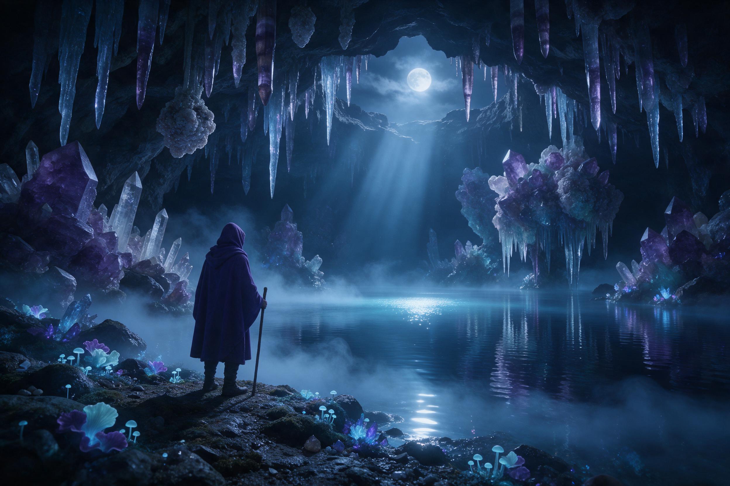 A moonlit crystal cavern, glowing blue and violet stalactites reflecting in a still underground lake, a lone hooded figure with a staff standing at the edge, mist curling from the water, soft bioluminescent flora scattered around, deep shadows and ethereal light rays filtering from an opening above