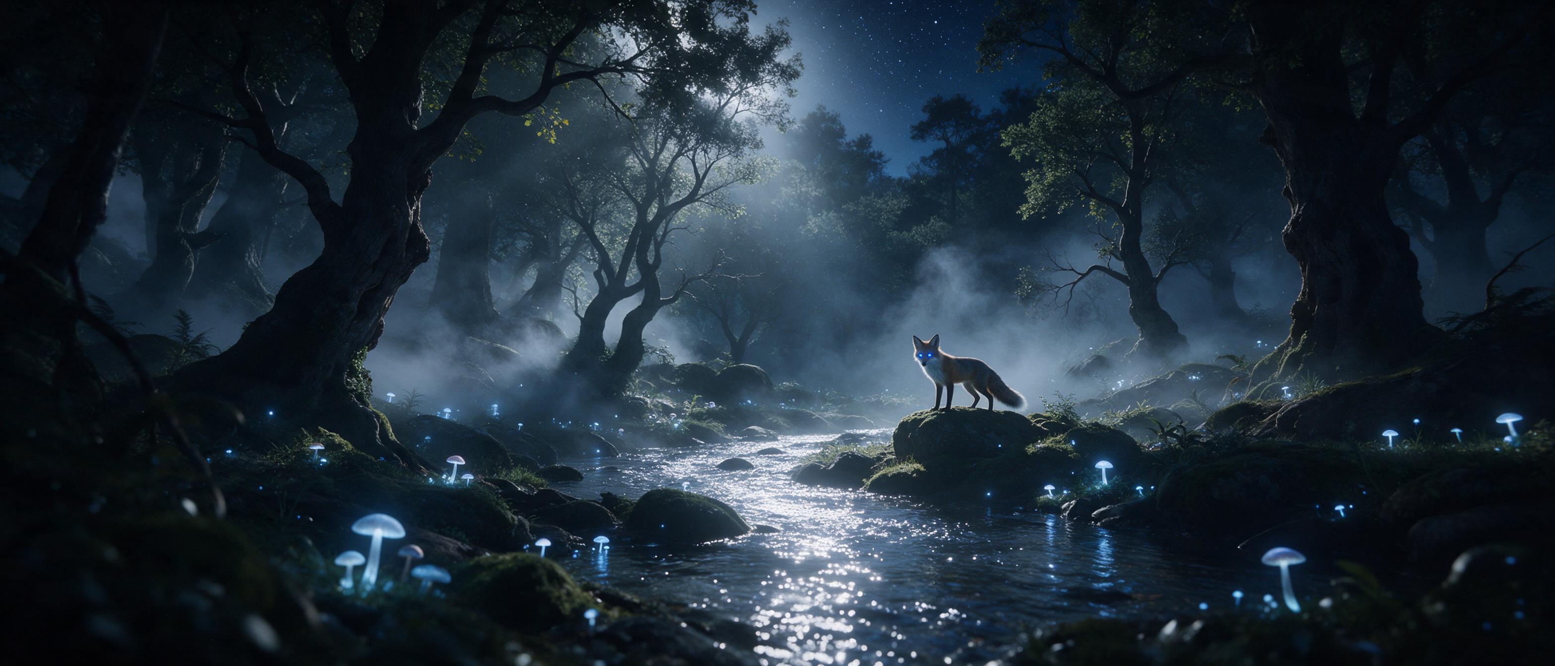 A moonlit ancient forest glade with bioluminescent mushrooms and a shimmering silver stream, ethereal mist curling around gnarled trees, a lone fox with glowing blue eyes perched on a mossy rock, soft volumetric light filtering through canopy, stars visible above, quiet mystical atmosphere, cinemati
