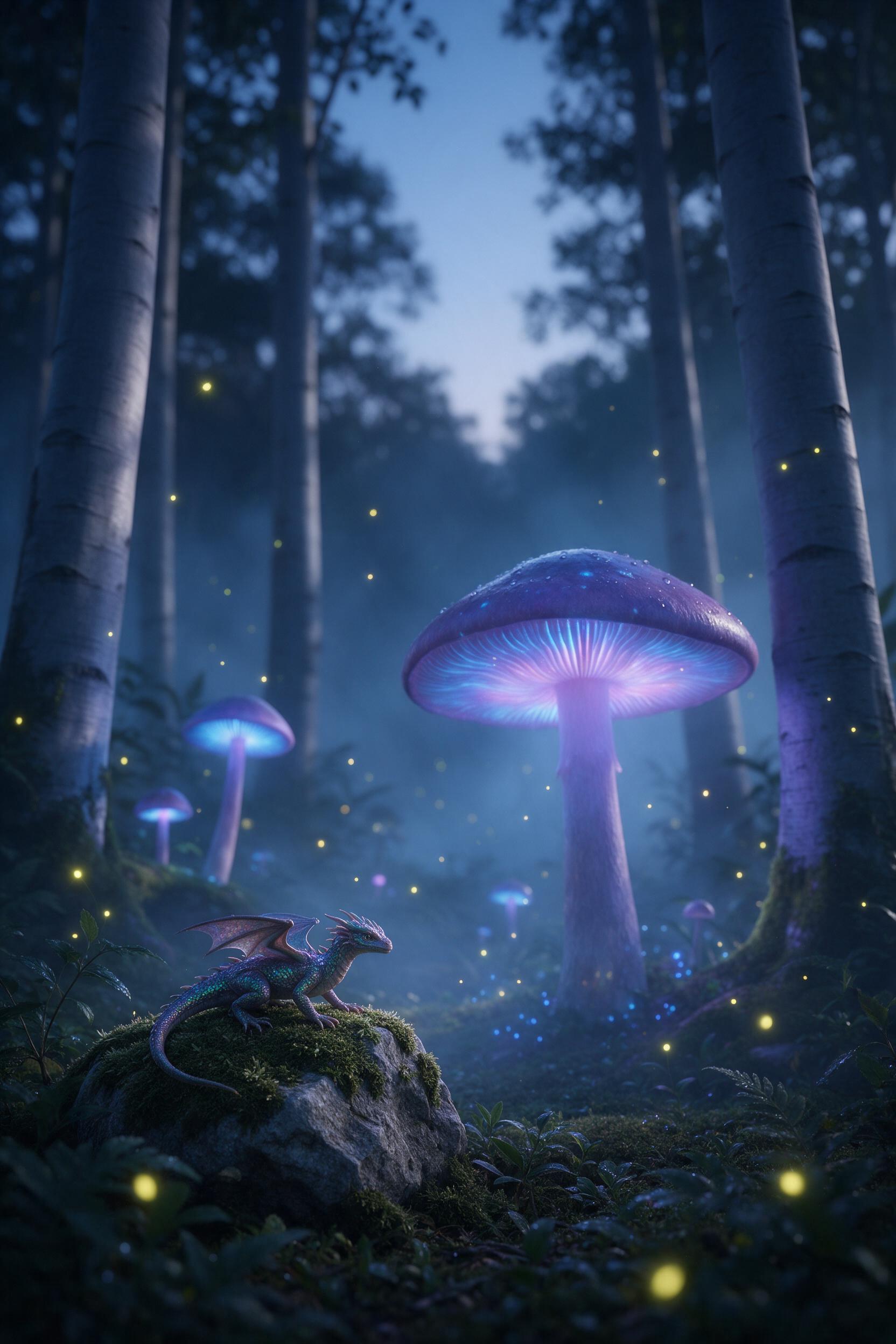 A misty forest clearing at twilight, where giant glowing mushrooms emit soft blue and violet light, with a tiny dragon with iridescent scales perched on a mossy rock. Fireflies drift, and the trees have silver bark, casting long shadows. Shot from a low angle, with gentle depth of field and a natura