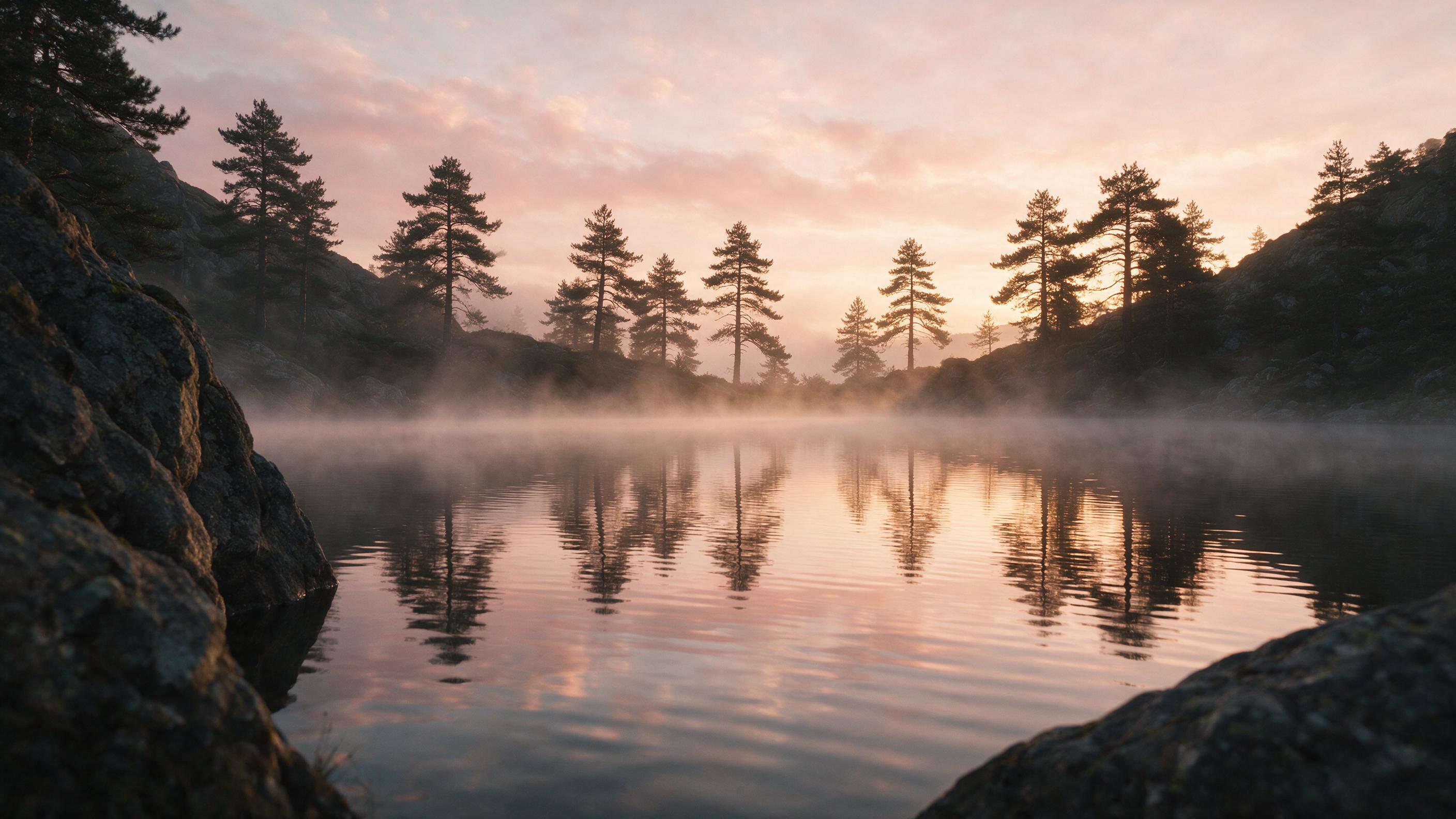 A quiet mountain lake at dawn, mist curling over the surface, pine trees silhouetted against a soft pink and gold sky, still water with gentle ripples, long-exposure smoothing the reflection, cinematic composition with foreground rocks framing the view