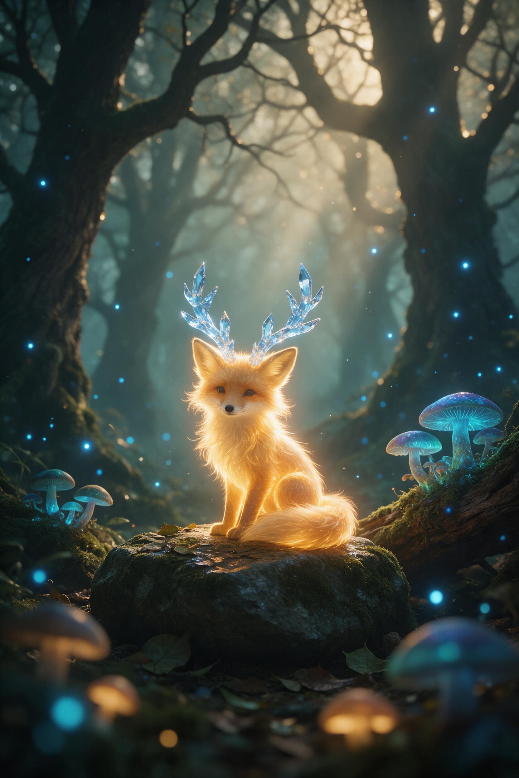 A tiny glowing fox with crystal antlers sits on a mossy stone in a misty enchanted forest. Bioluminescent mushrooms and floating blue fireflies surround it. Soft volumetric light filters through ancient oak trees, casting ethereal shadows. Shallow depth of field, warm amber tones contrasting cool te
