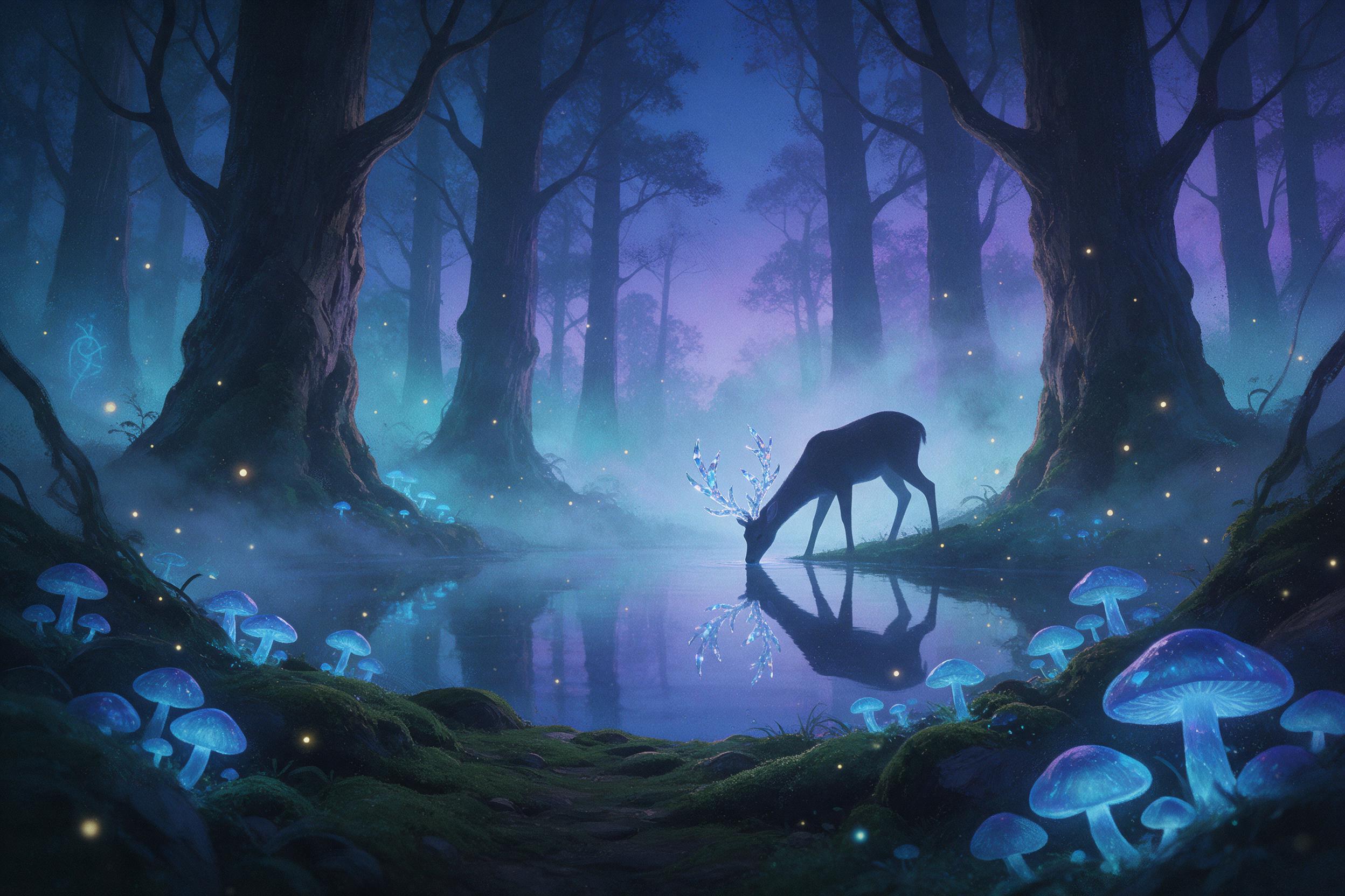 A luminous forest at twilight where glowing blue mushrooms and floating fireflies light a mossy path, a silhouette of a deer with antlers made of crystal drinking from a mirror-like pond, soft mist weaving between ancient trees, ethereal cyan and violet palette, painterly brushstrokes with subtle gr