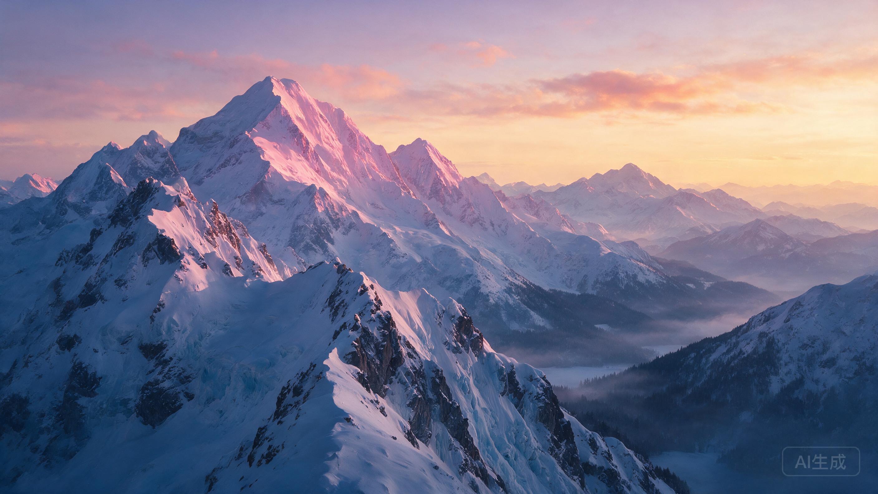 Snowy mountain peak at golden hour, alpenglow illuminating the summit, layers of distant peaks fading into haze