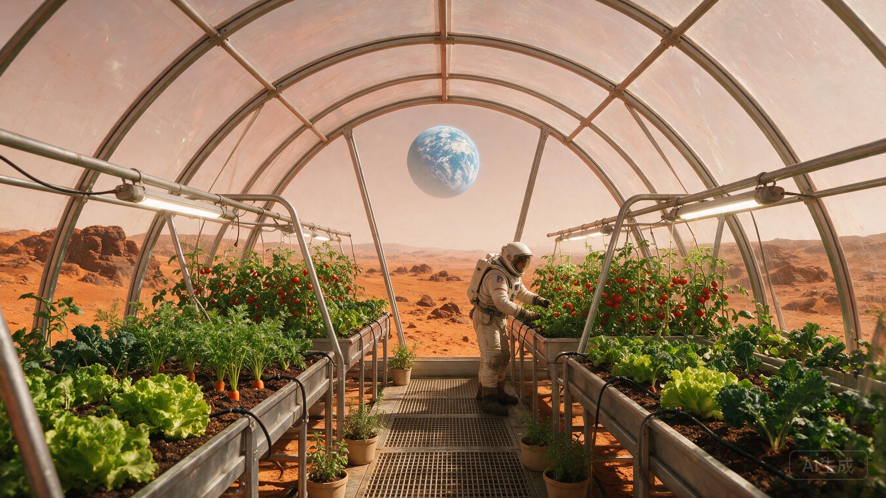 A lone astronaut tending a greenhouse on Mars, Earth visible through dome, hopeful atmosphere, vivid colors