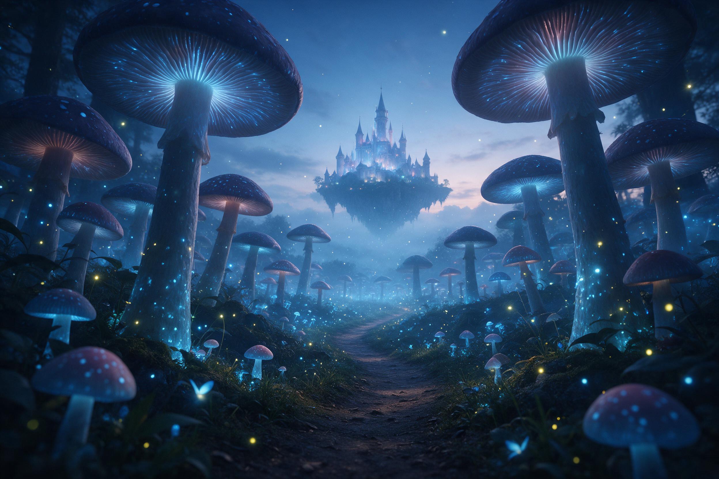 A glowing bioluminescent mushroom forest at twilight, with a winding path leading toward a distant, ethereal castle on a floating island. Fireflies and soft blue light weave through the mist. Wide-angle view from ground level, emphasizing the towering fungi and the surreal scale of the scene. Natura