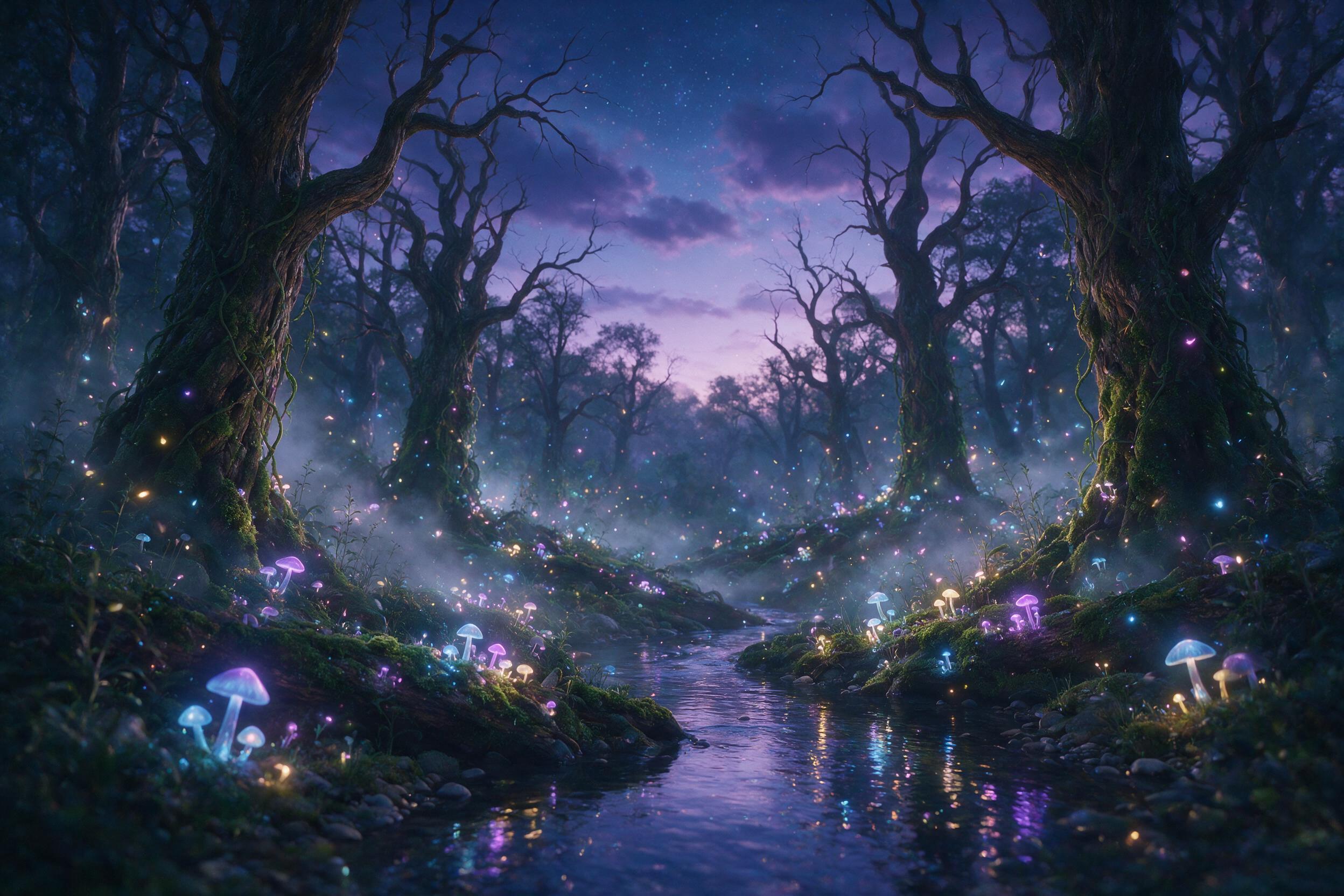A luminous forest at twilight, glowing mushrooms and floating firefly-like lights, mist swirling around ancient twisted trees, a small stream reflecting the bioluminescent colors, soft diffused light, magical atmosphere, natural color palette with purples and blues, slight camera shake for ethereal 
