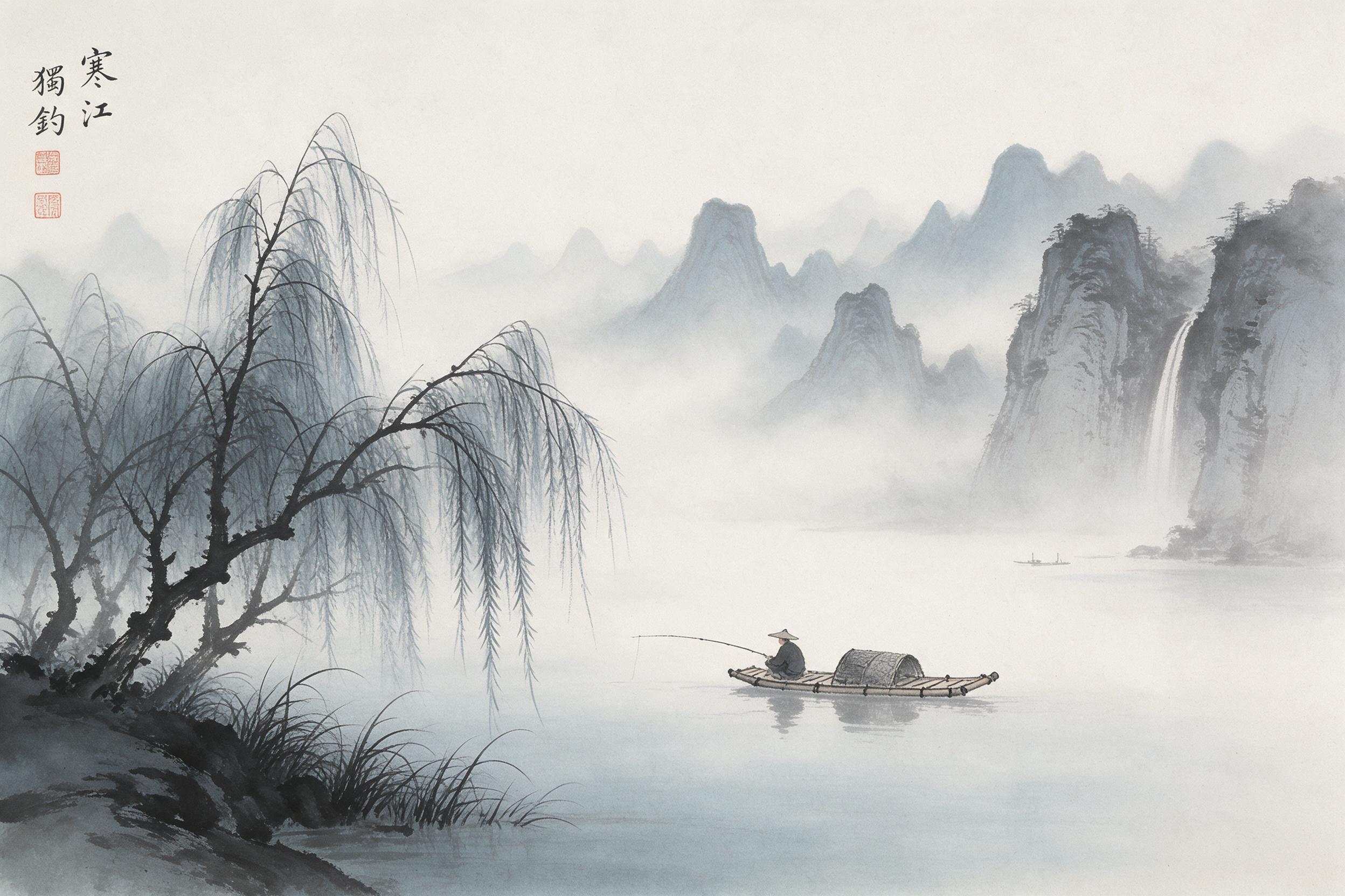 Ink wash painting of a lone fisherman on a misty river, bamboo boat, distant layered mountains fading into fog, weeping willows, subtle brushstroke texture, soft gray and blue palette, negative space with minimal detail