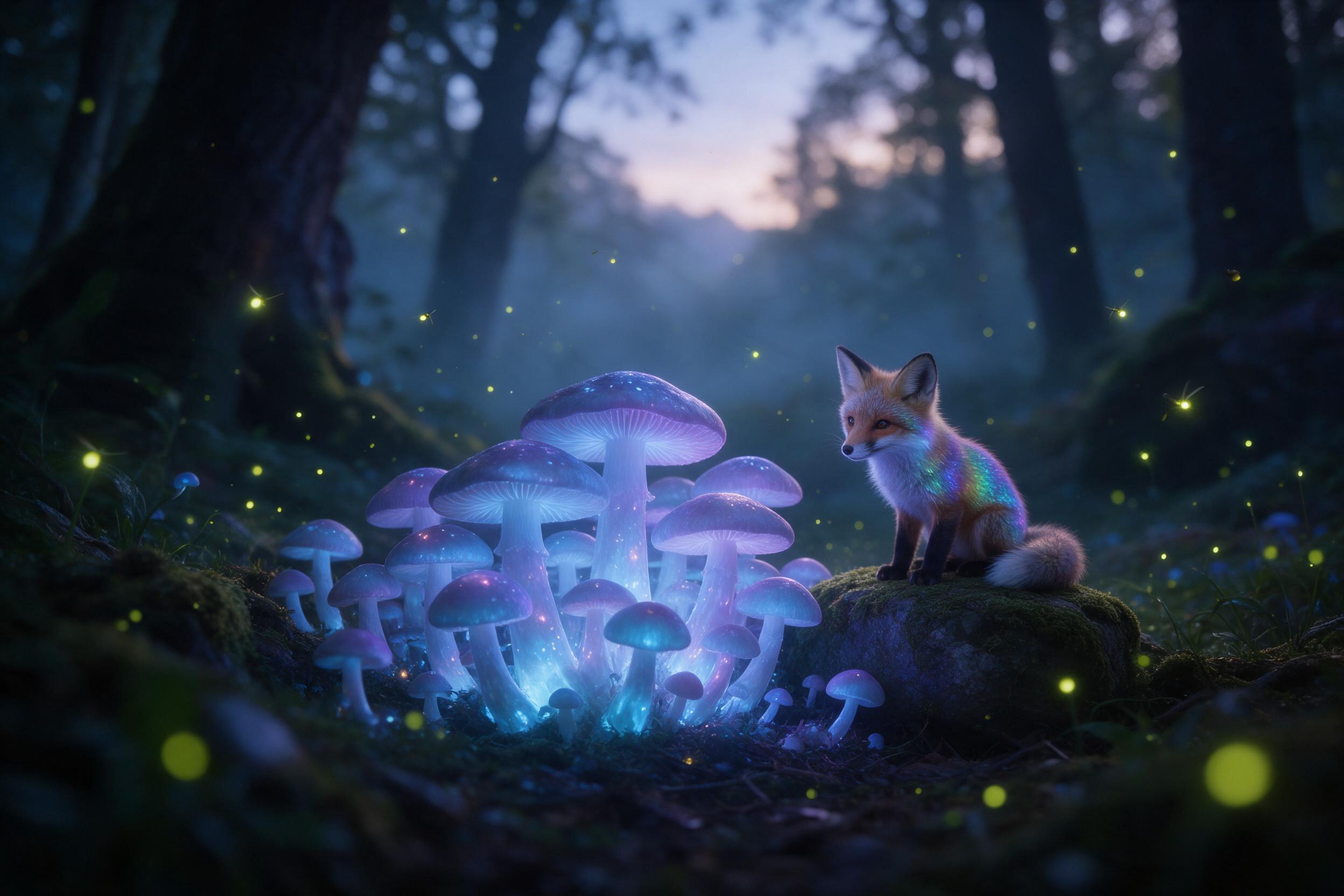 A misty ancient forest clearing at twilight, massive bioluminescent mushrooms casting soft blue and purple light, a small fox with iridescent fur sitting on a mossy stone, fireflies drifting in the air, enchanted atmosphere, soft diffused lighting, shallow depth of field, natural vignette.