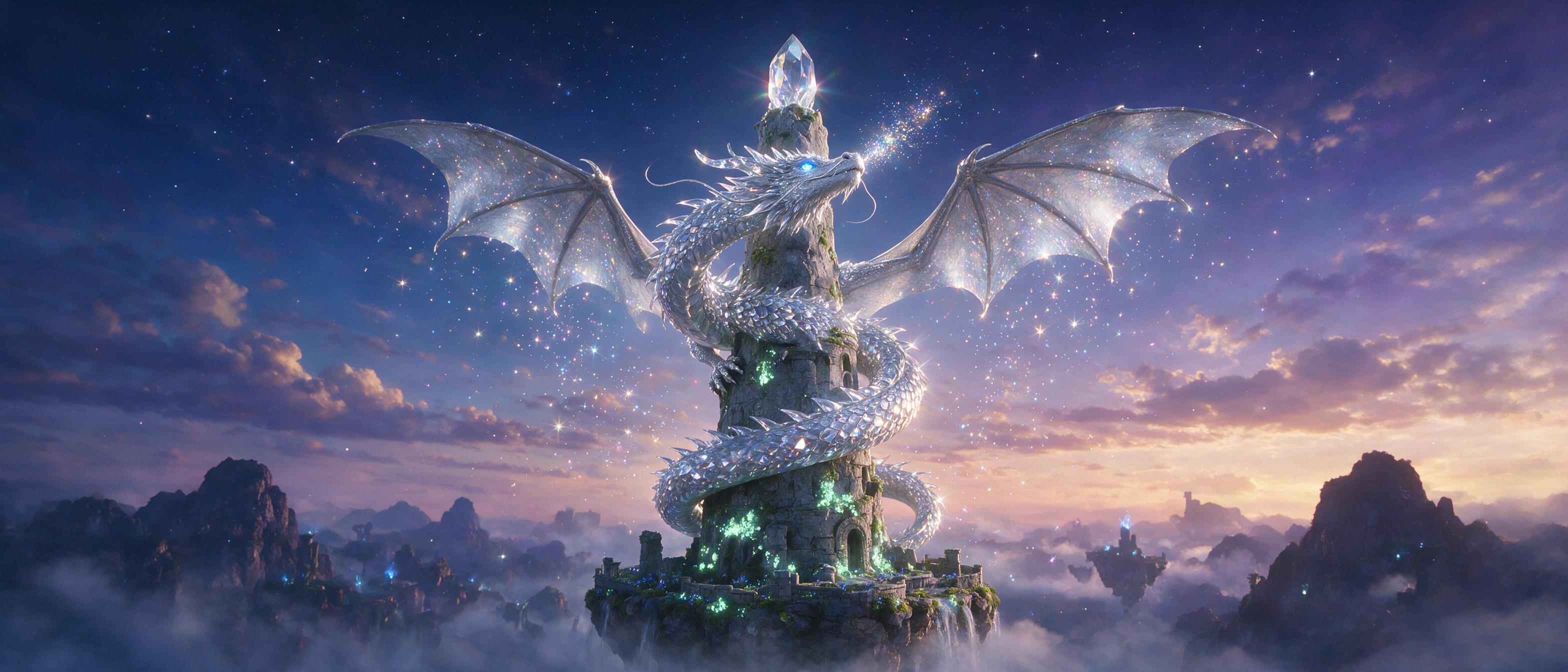 A luminous silver dragon coils around a crystalline spire floating in a twilight sky, its scales refracting starlight, bioluminescent moss clinging to the ancient stone, soft mist swirling below, ethereal glow, cinematic composition