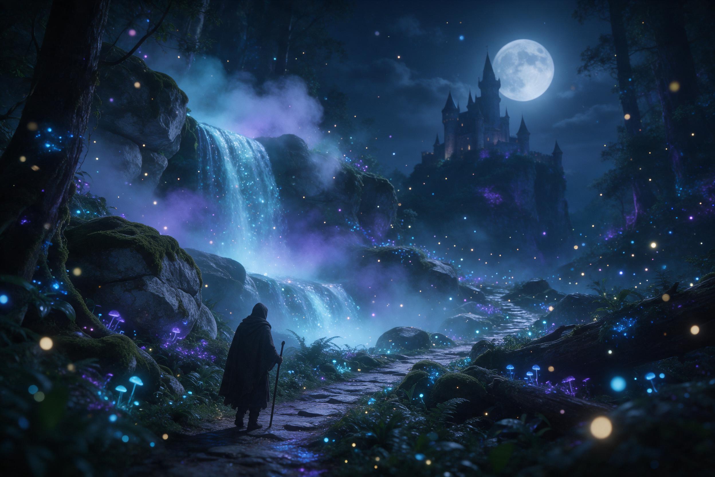 A bioluminescent cascading waterfall in a moonlit enchanted forest, with glowing blue and purple mist swirling around ancient mossy rocks, fireflies darting in soft bokeh, and a lone hooded traveler on a narrow winding path, distant castle silhouette on a cliff, ethereal atmosphere, cinematic angle 