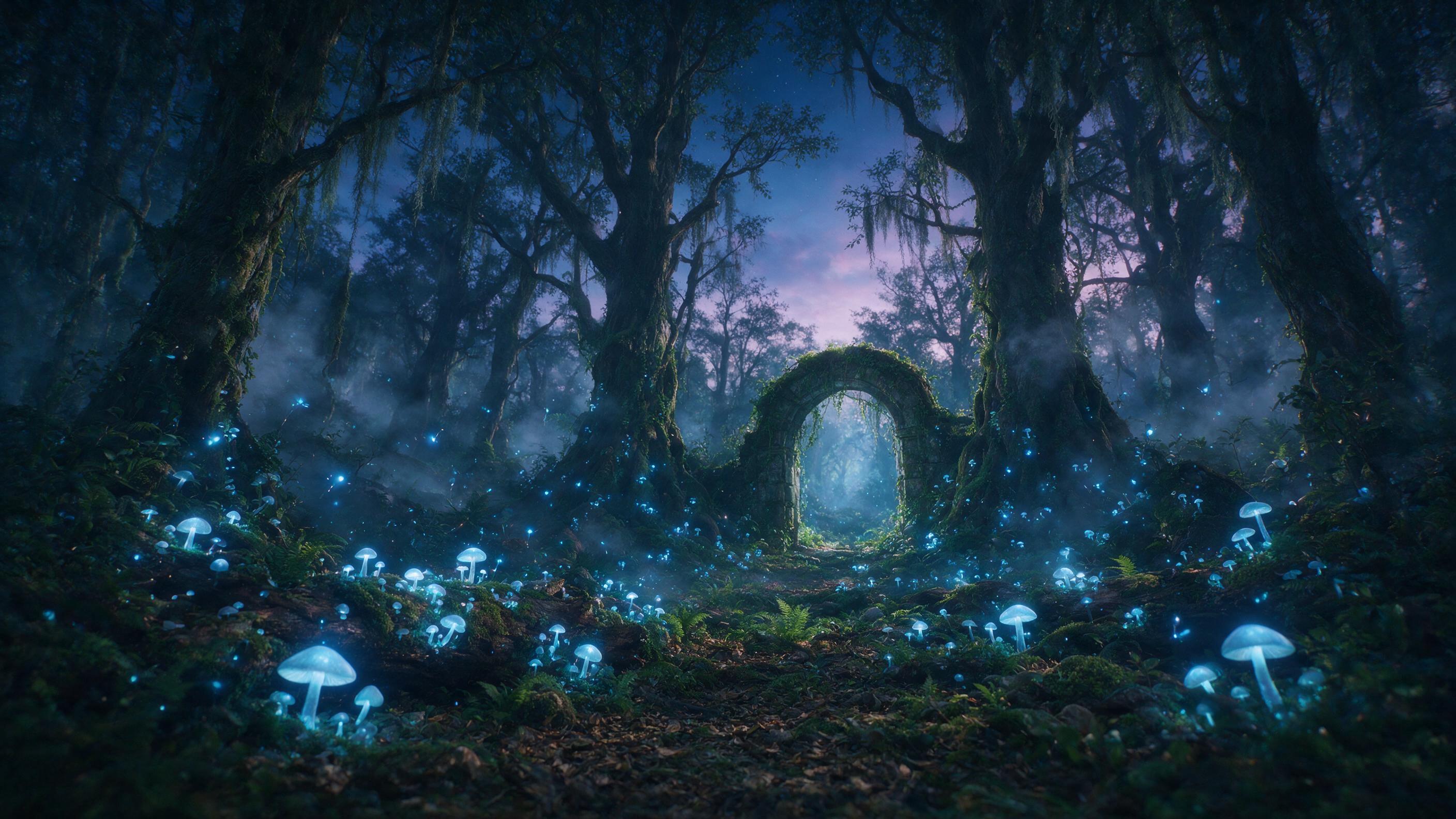 A luminous forest at twilight, glowing mushrooms and floating fireflies casting soft blue light, mist weaving between ancient gnarled trees, a hidden stone archway half-covered in moss, ethereal atmosphere, soft focus, cinematic lighting, shallow depth of field