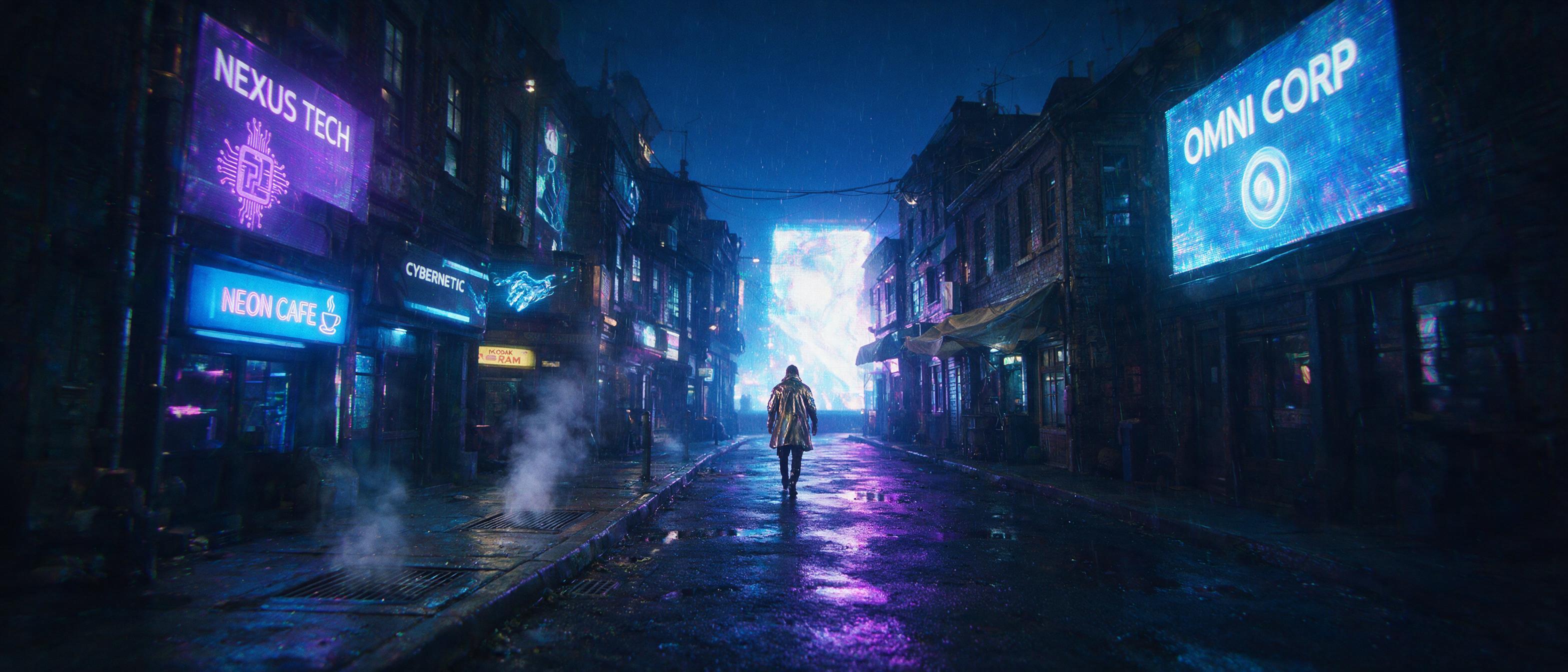 A neon-lit cyberpunk alleyway at midnight, rain-slicked asphalt reflecting purple and blue holographic billboards, steam rising from a vent, a lone figure in a metallic trench coat walking away, shallow depth of field, cinematic chromatic aberration, slight grain
