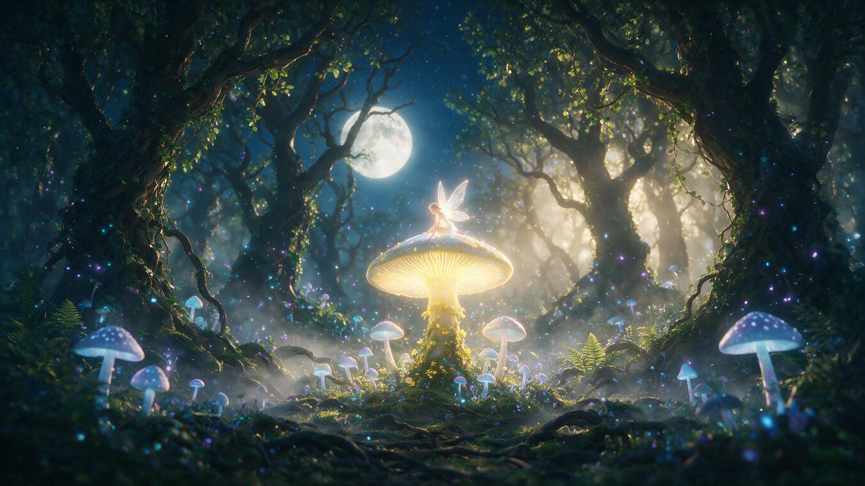 A luminous fairy with translucent wings perches on a giant glowing mushroom in a moonlit enchanted forest. Soft blue and purple bioluminescent spores drift through the air. Shallow depth of field, warm golden backlight filtering through twisted ancient trees, slight mist on the ground, cinematic com