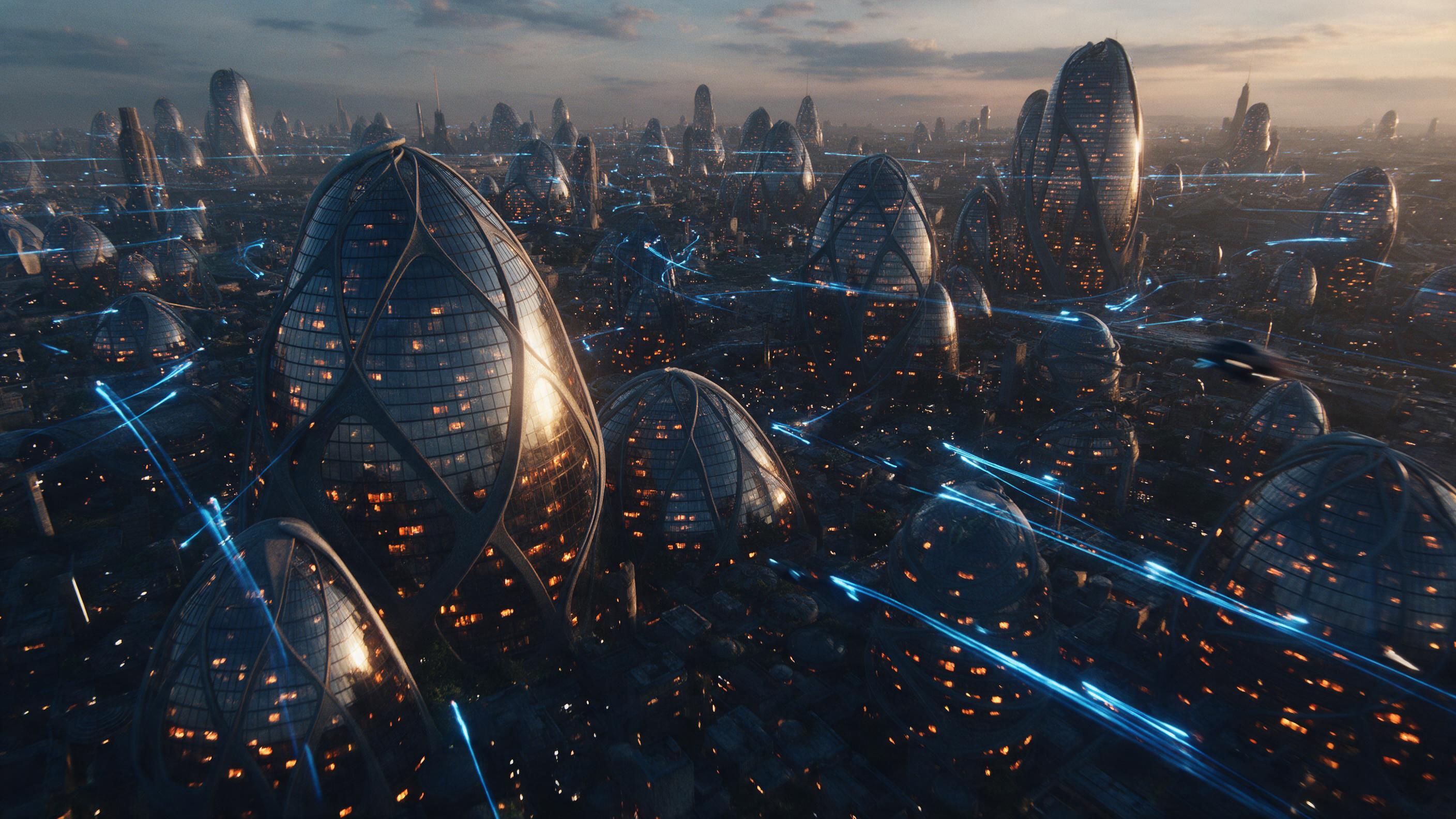 A sweeping aerial view of a futuristic city at dusk, glowing orange windows along curved bio-dome towers, neon blue light trails from flying vehicles, soft haze settling over distant skyline, dramatic low-angle sunlight casting long shadows across reflective glass surfaces, slight motion blur in the