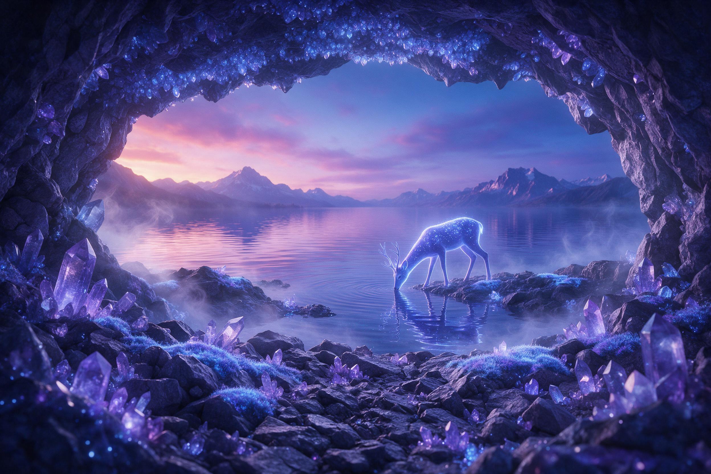 A glowing crystal cave opening onto a twilight lake, luminescent moss draping over jagged rocks, ethereal mist curling above the water, a solitary bioluminescent deer drinking from the shore, soft blue and violet light suffusing the scene, gentle reflection ripples, wide-angle composition emphasizin