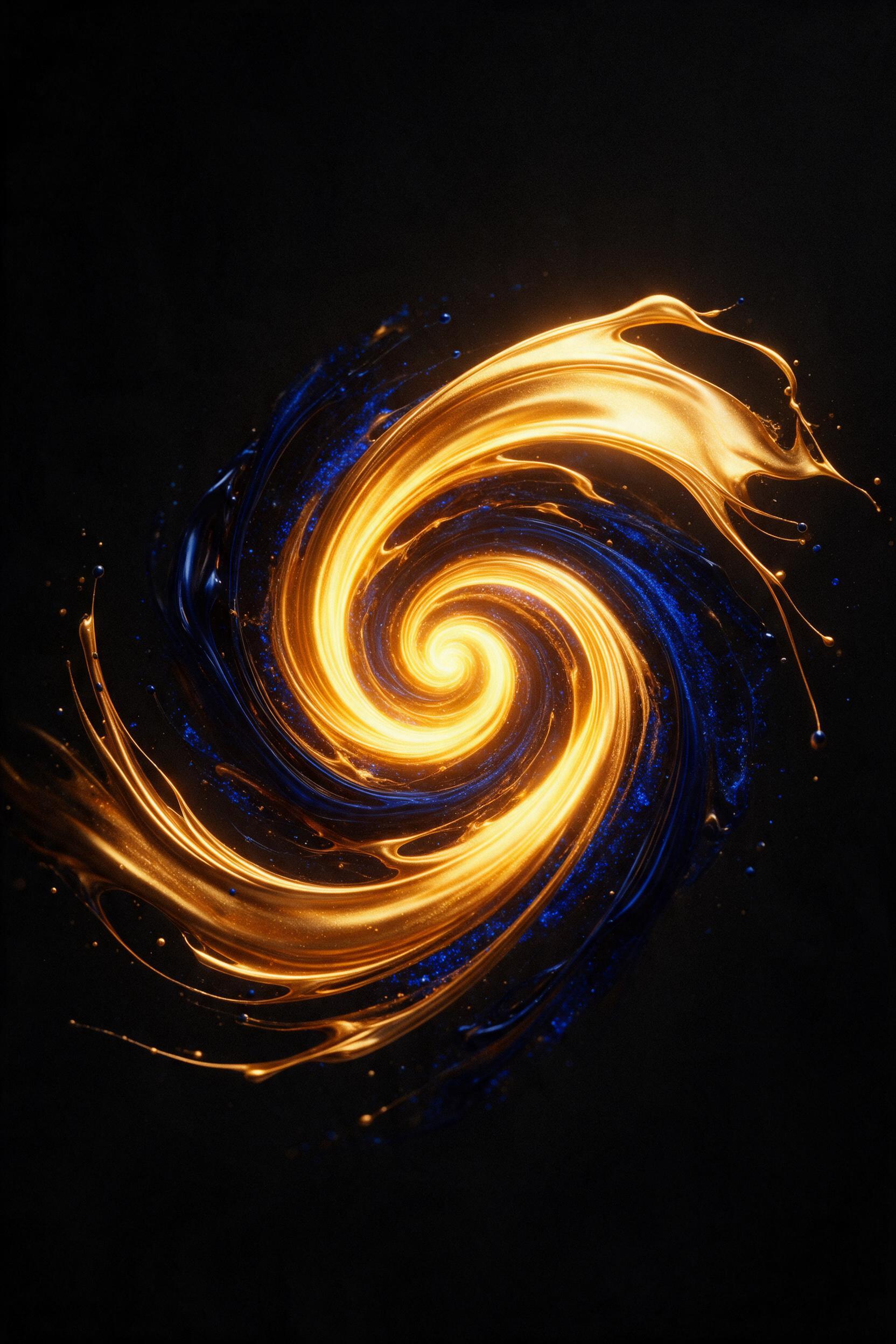 Liquid gold and deep sapphire swirl in a dark void, forming a glowing spiral vortex; slow-motion fluid motion, highcontrast, dramatic chiaroscuro lighting, subtle grain, minimalist composition, no text