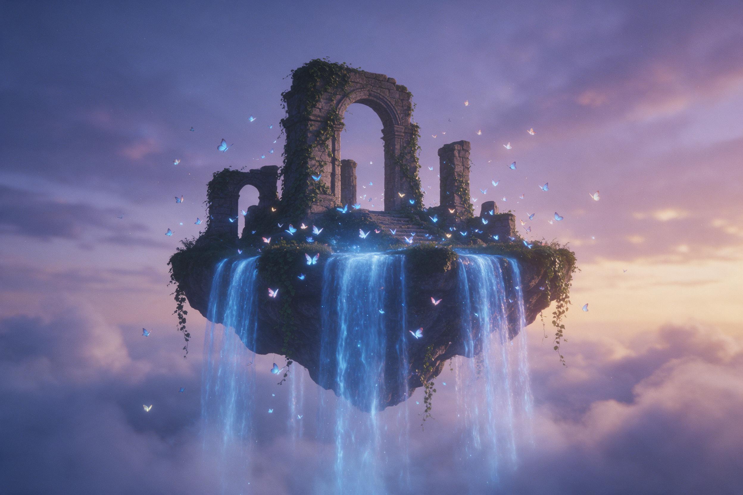 A floating island in a twilight sky, glowing blue waterfalls cascading into misty clouds, ancient stone ruins with climbing ivy, a flock of luminous butterflies, soft purple and orange gradient light, ethereal atmosphere, shot on medium format film, slight grain.