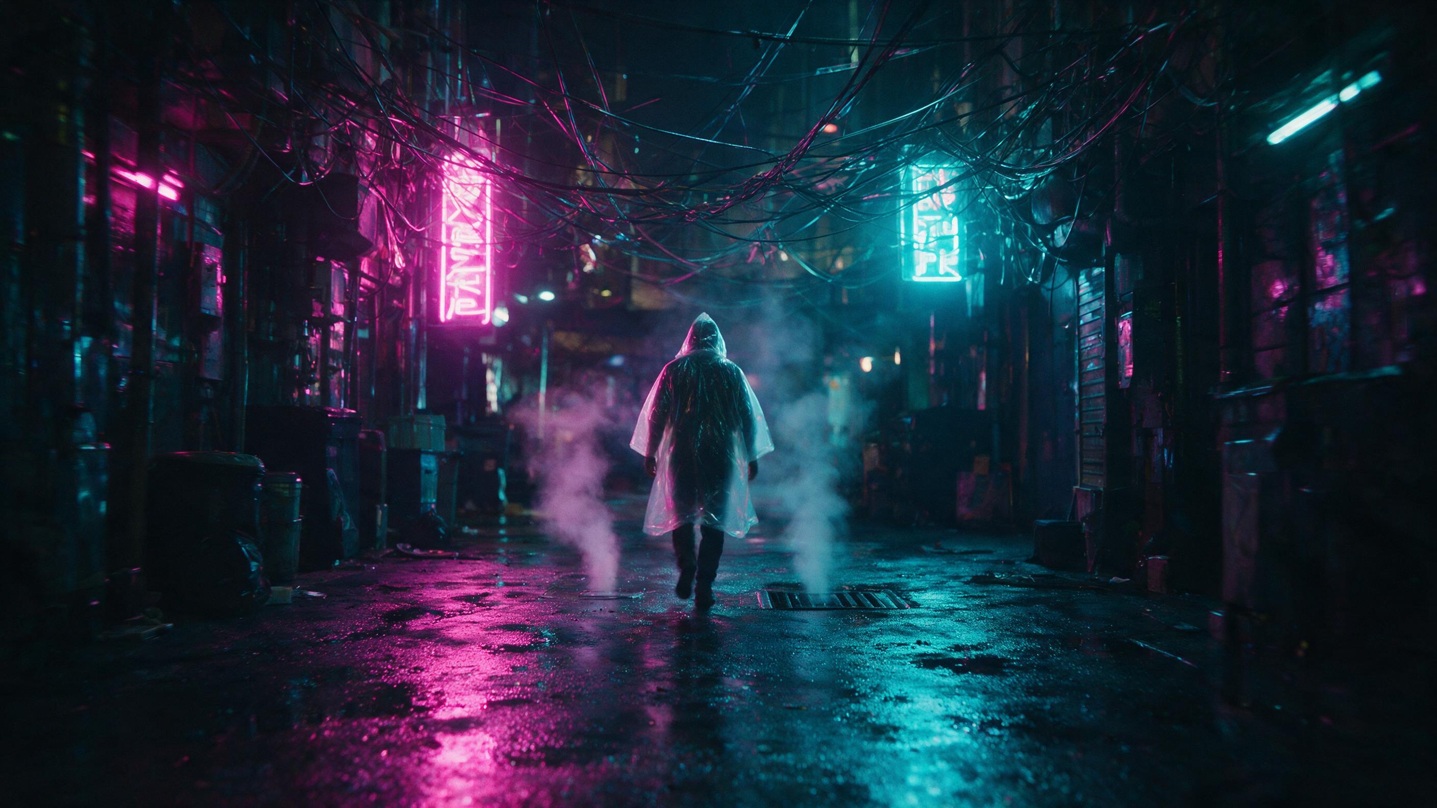 A neon-lit cyberpunk alley at night, rain-slicked asphalt reflecting magenta and cyan signs, tangled cables overhead, a lone figure in a translucent raincoat walking away, steam rising from a vent, shallow depth of field, slight motion blur, cinematic, no text