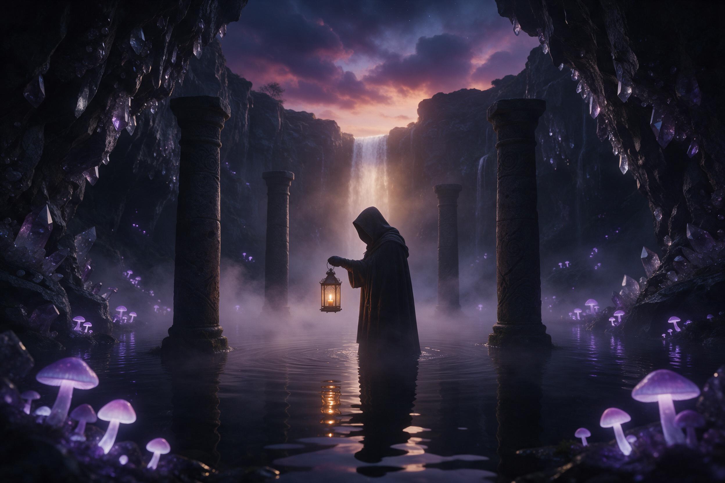 A glowing crystal grotto beneath a twilight sky, luminescent mushrooms casting soft violet light on a still pool, ethereal mist curling around ancient stone pillars, composition centered on a lone hooded figure holding a lantern, rim lighting and deep shadows, hint of distant waterfall
