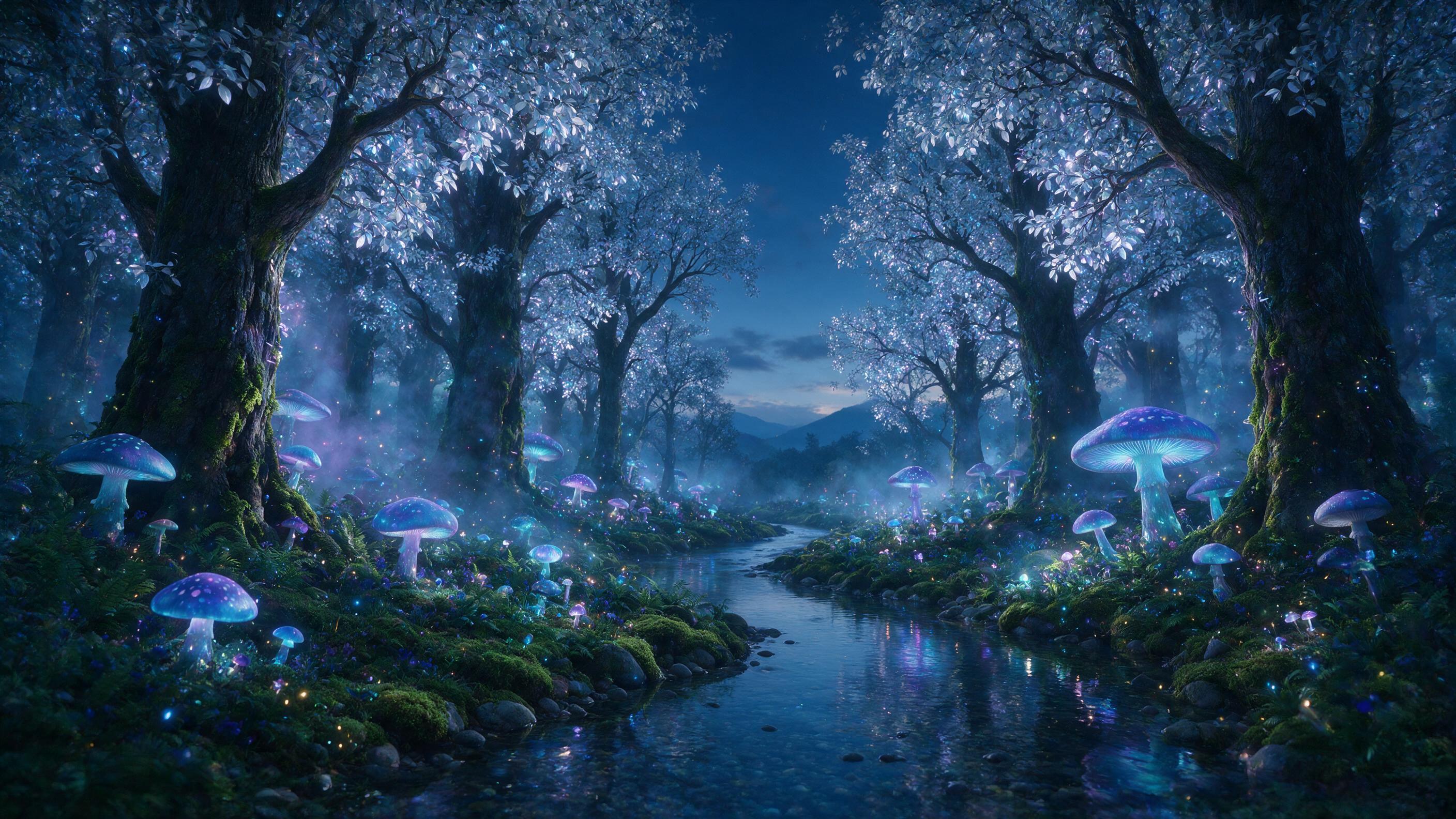 A luminous bioluminescent forest at twilight, where giant glowing mushrooms and ancient trees with silver leaves cast soft blue and violet light. A small crystal-clear stream winds through the mossy ground, reflecting the ethereal glow. Mist swirls gently between the trunks, with subtle firefly-like