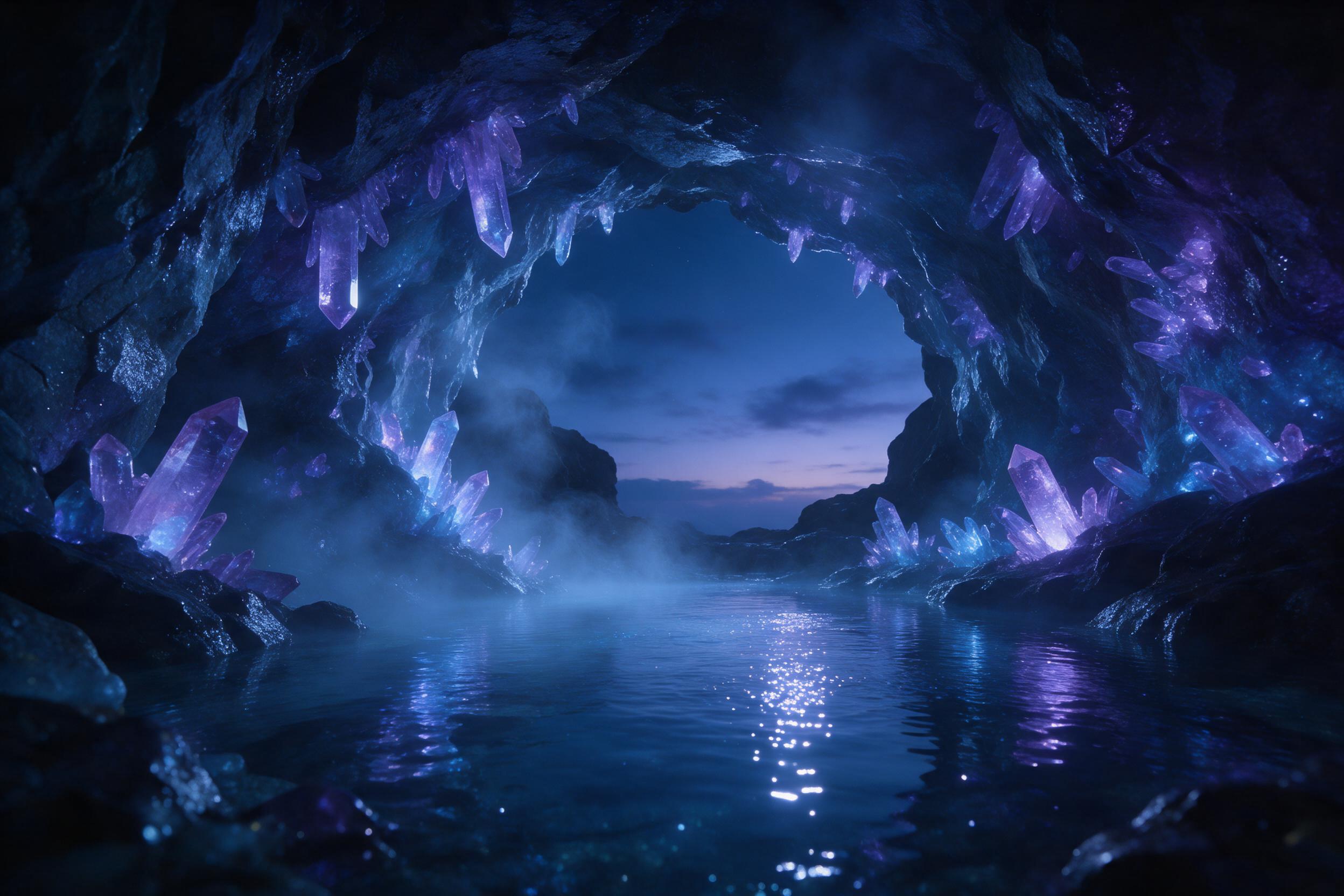 A glowing crystal cave beneath a twilight sky, luminescent purple and blue crystals jutting from wet stone walls, a still underground lake reflecting the shimmering light, wisps of ethereal mist drifting through the air, subtle blue glow illuminating the scene, soft depth of field with an unseen lig