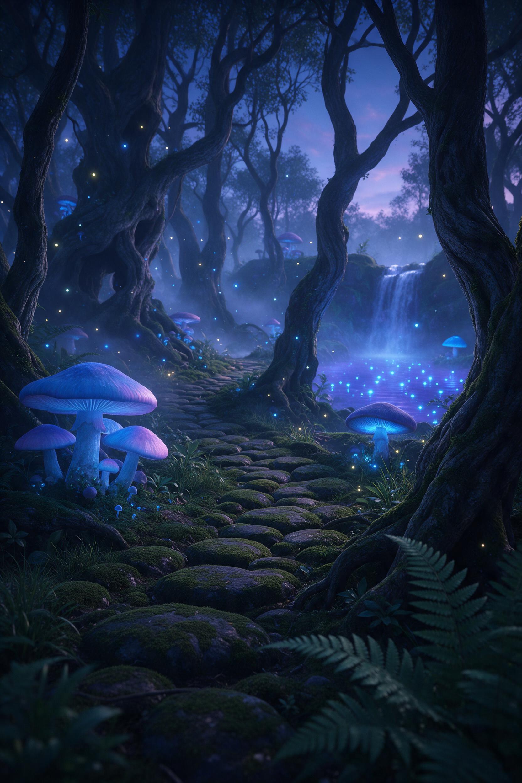 A bioluminescent forest at dusk, where giant mushrooms emit soft blue and purple light, illuminating a winding path of moss-covered stones. Mist swirls between twisted trees, fireflies dance in the air, and a distant waterfall cascades into a glowing pool. Low-angle composition with foreground ferns