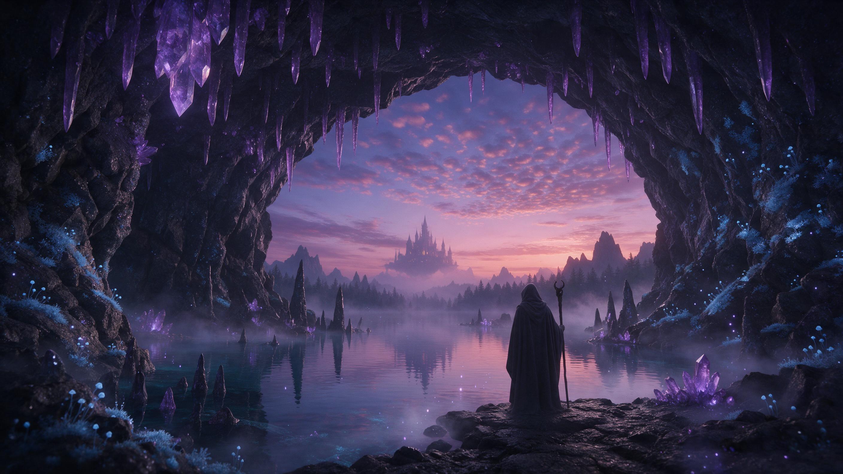 A luminous crystal cavern beneath a twilight sky, glowing violet stalactites reflecting in a still underground lake, ethereal mist swirling, soft blue bioluminescent flora clinging to rock walls, a lone hooded figure with a staff standing at the water's edge, distant silhouette of a floating castle,