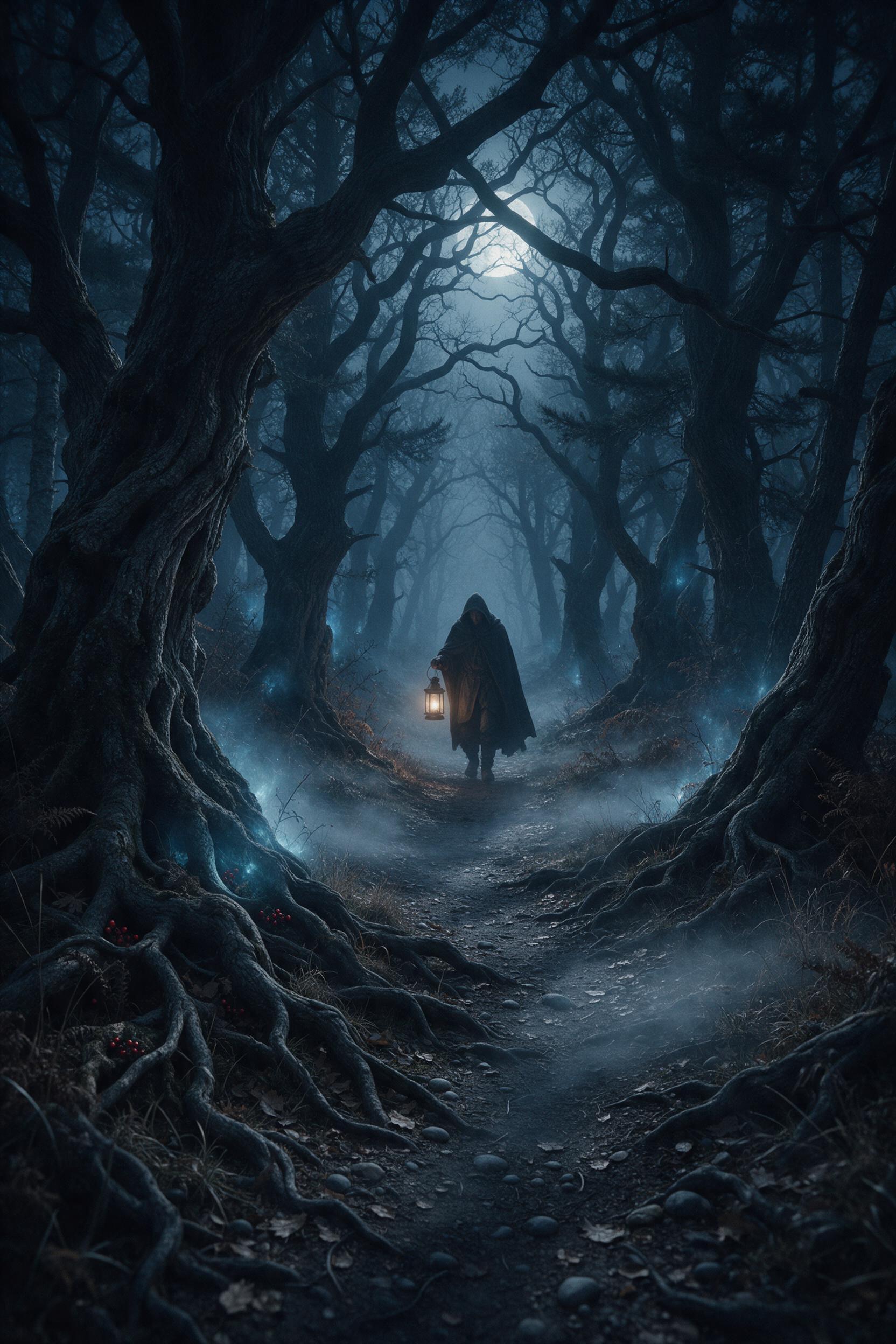 A moonlit path through an ancient, twisted forest where faint ethereal lights glow between gnarled roots. A hooded traveler with a lantern approaches, mist drifting across the ground. Soft blue color grading, cinematic depth of field, subtle grain for an otherworldly mood.