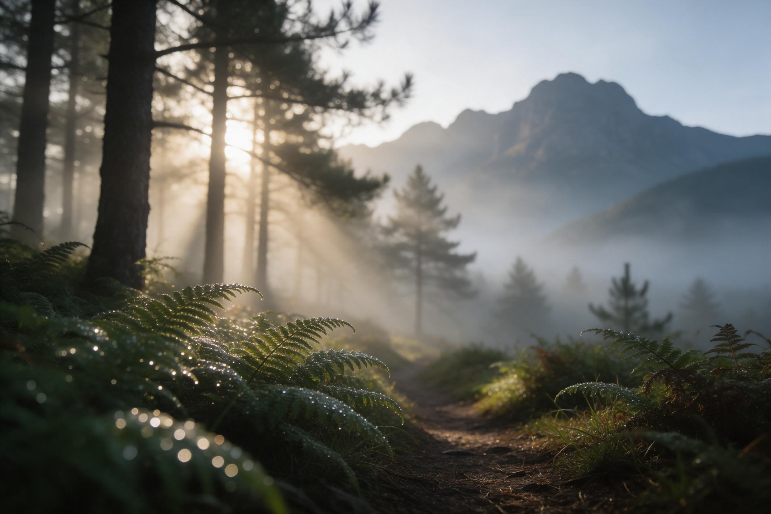 Misty pine forest at dawn, golden sunbeams piercing through fog, dew-covered ferns in foreground, rugged mountains fading into layers of blue haze, a narrow dirt path winding away, soft diffused light, shallow depth of field with bokeh, muted earth tones, quiet serene atmosphere