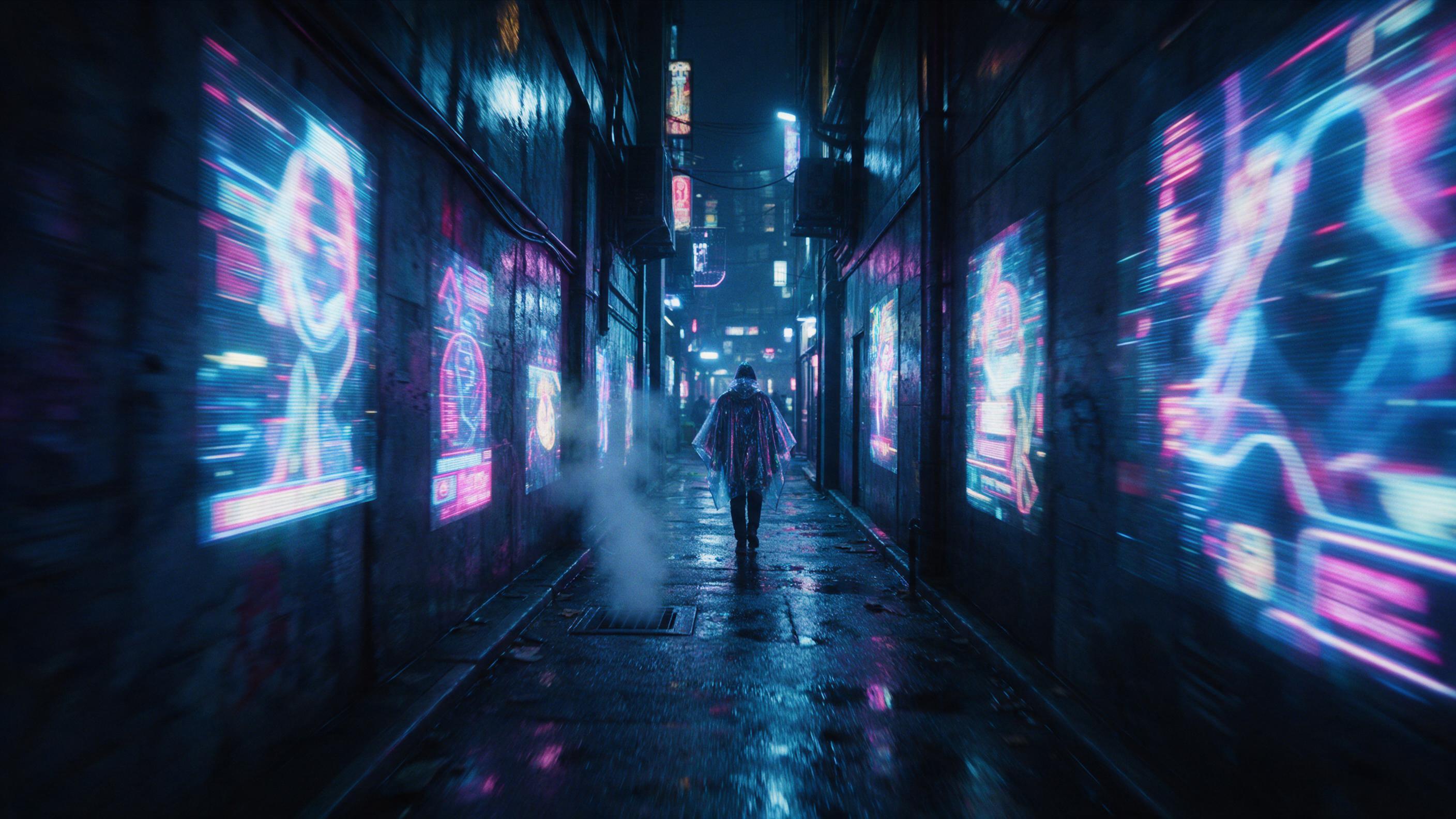 A rain-soaked neon-lit cyberpunk alley at night, holographic advertisements flickering on wet concrete walls, steam rising from a street vent, a lone figure in a reflective poncho walking away, motion blur from handheld camera, cold blue and magenta color palette, cinematic depth of field.