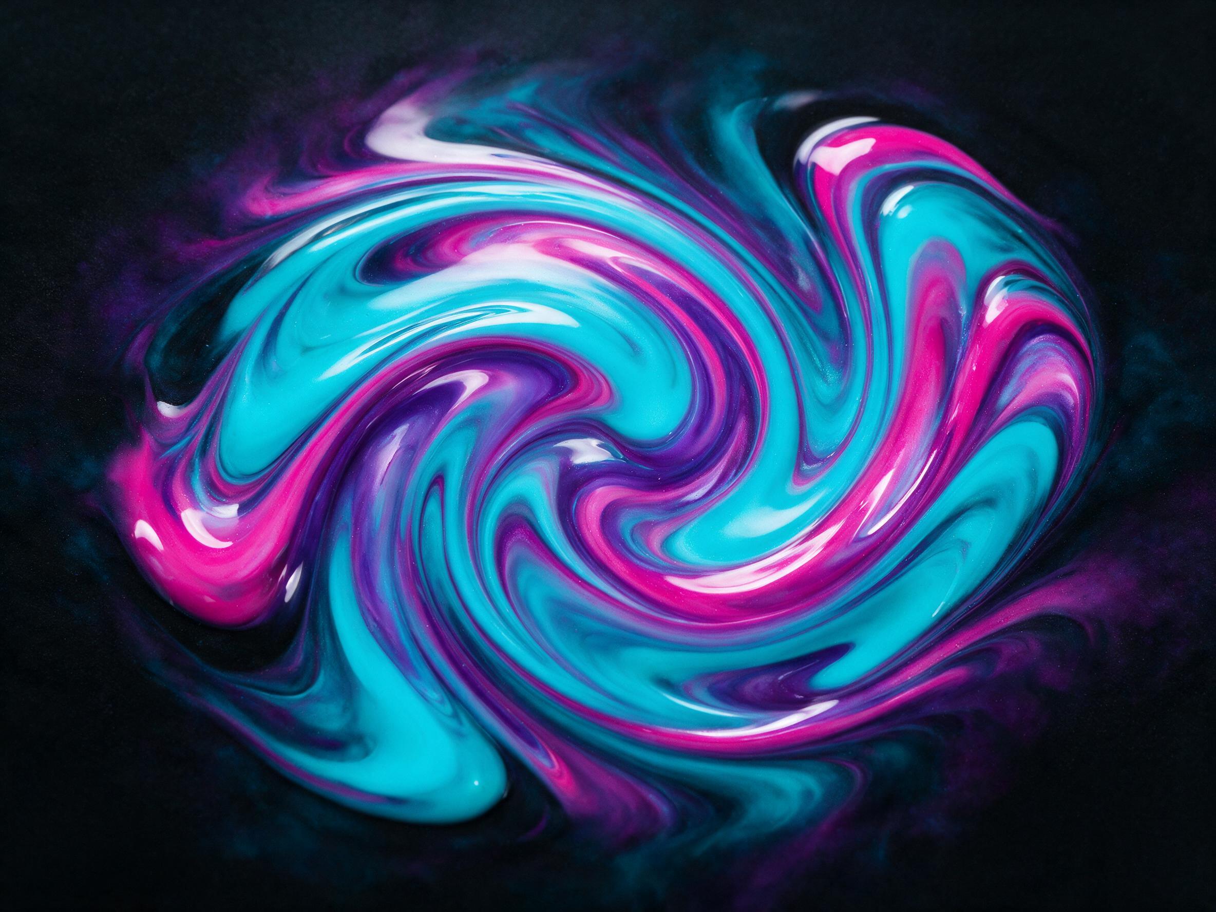 Fluid art of swirling neon colors, cyan and magenta intertwining on a dark background, glossy resin texture, soft reflections, minimalist composition, no sharp edges, studio lighting from above